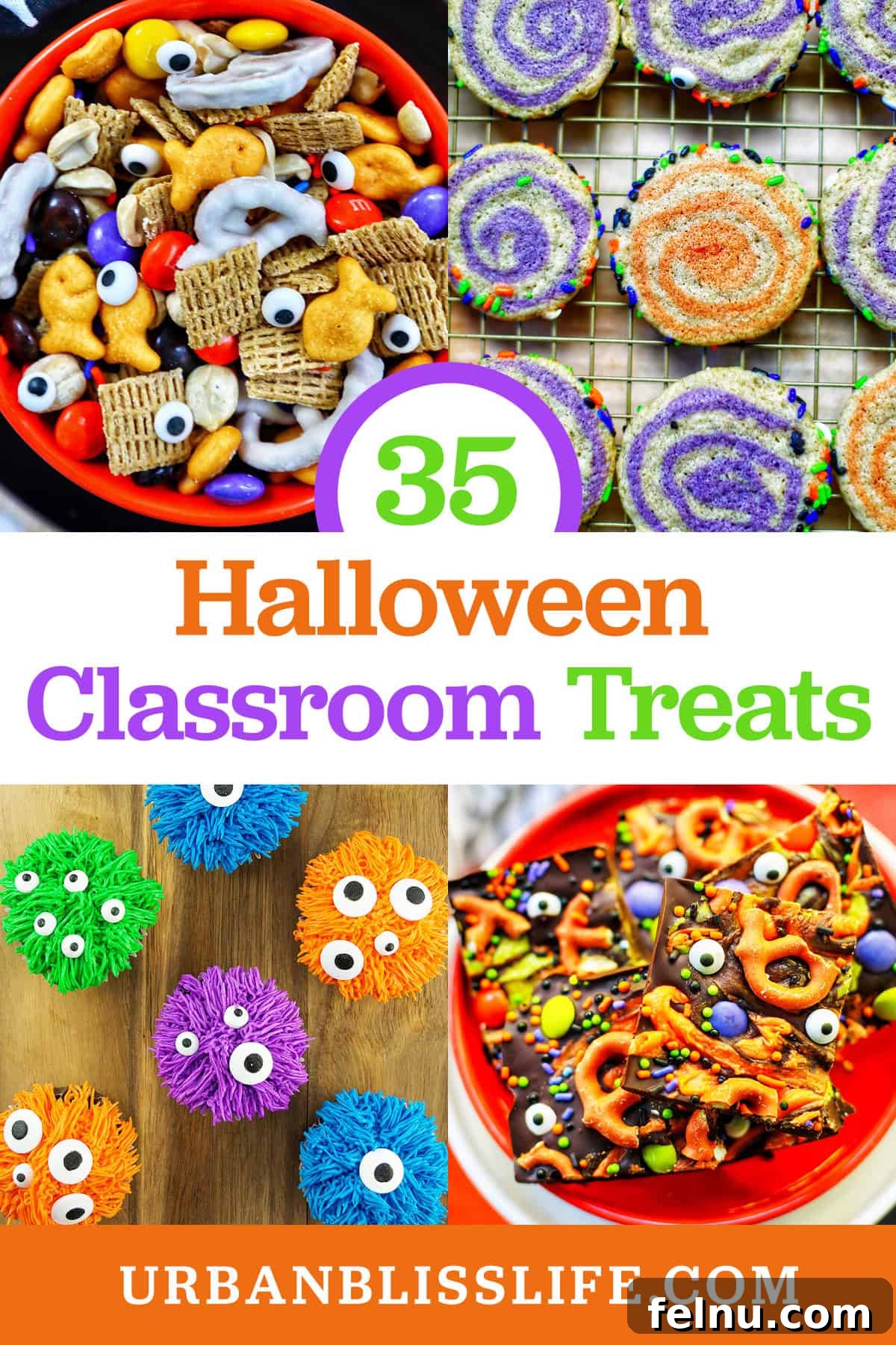 Ghoulish Goodies: Halloween Treats to Delight Your Students 2 Assortment of Halloween snacks including snack mix, pinwheel cookies, cupcakes, and monster bark.