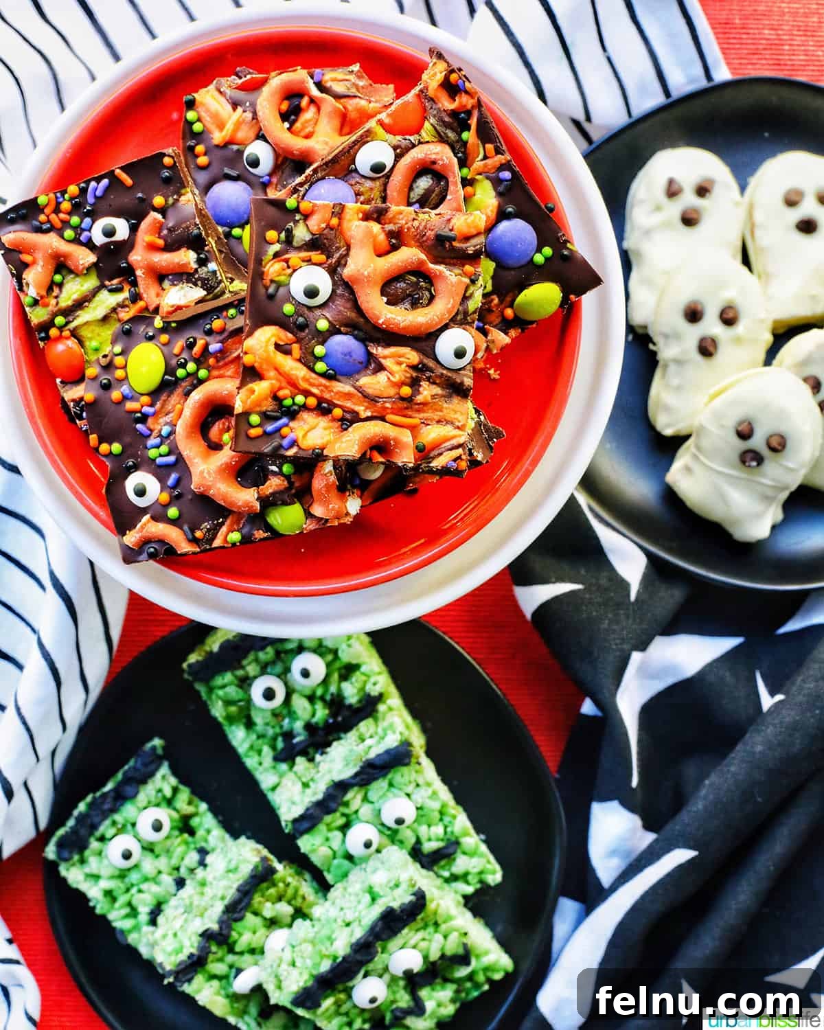 Ghoulish Goodies: Halloween Treats to Delight Your Students 3 A trio of festive Halloween treats on orange, black, and white plates.