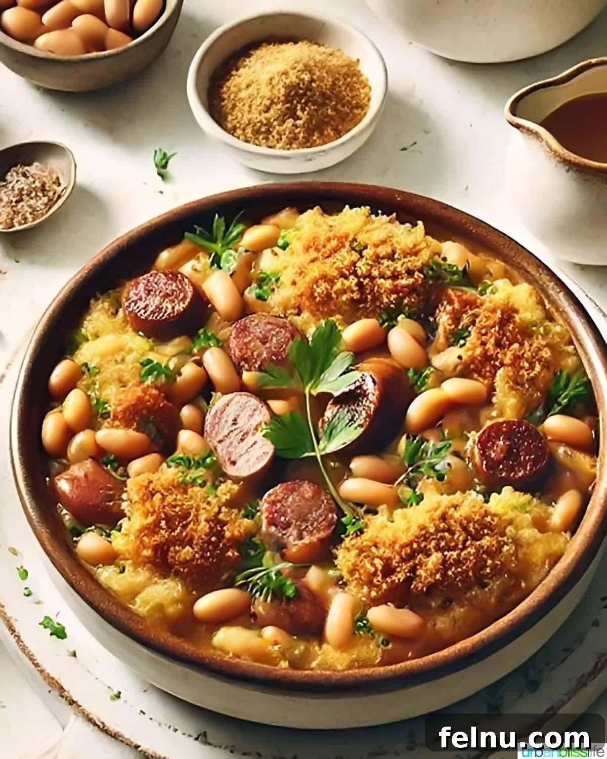 Iconic French Culinary Delights 13 A rustic bowl of Cassoulet, a hearty French stew, garnished with fresh herbs and surrounded by its key ingredients.