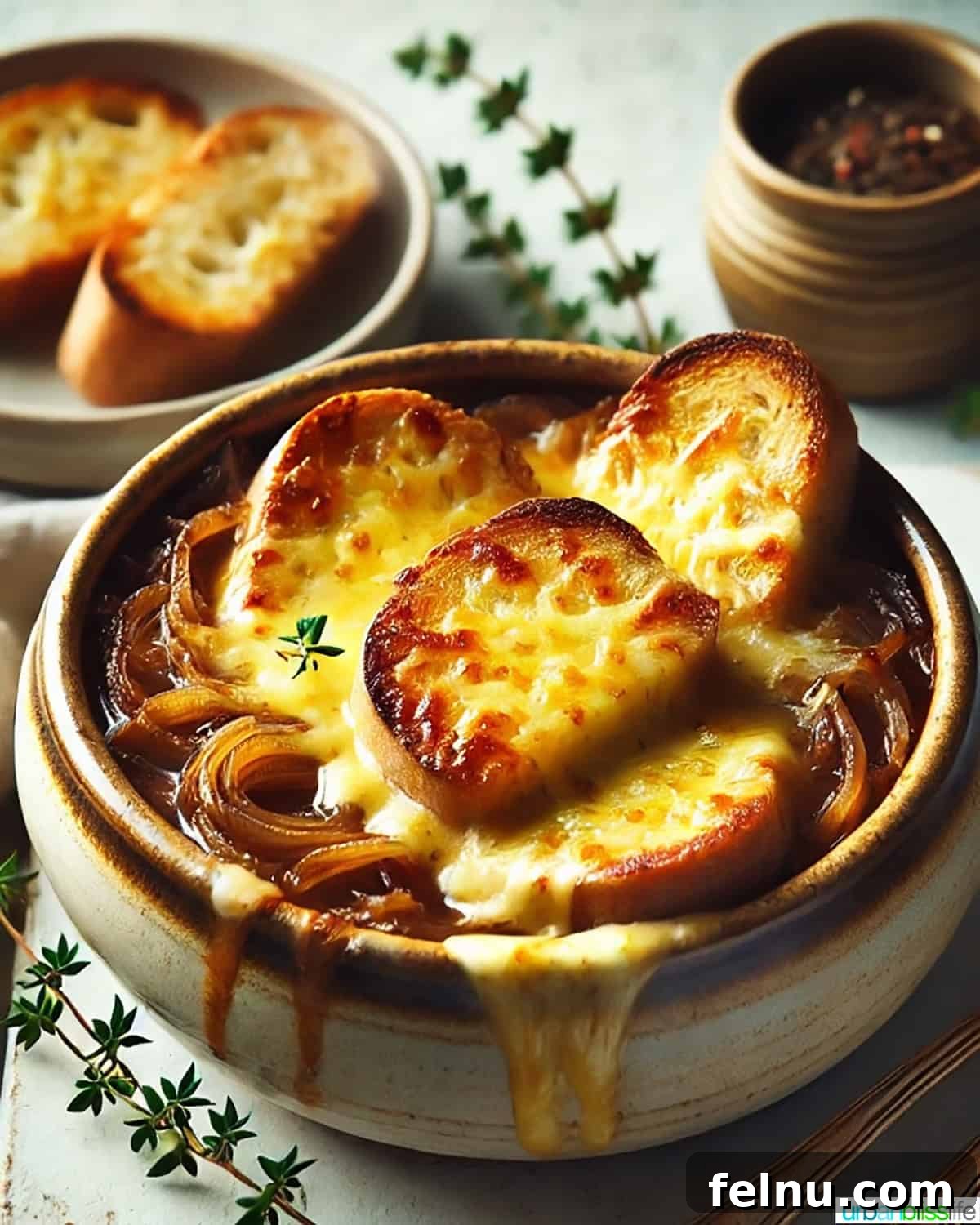 Iconic French Culinary Delights 15 A steaming bowl of classic French Onion Soup, topped with a rich layer of melted Gruyère cheese and a slice of crusty bread.