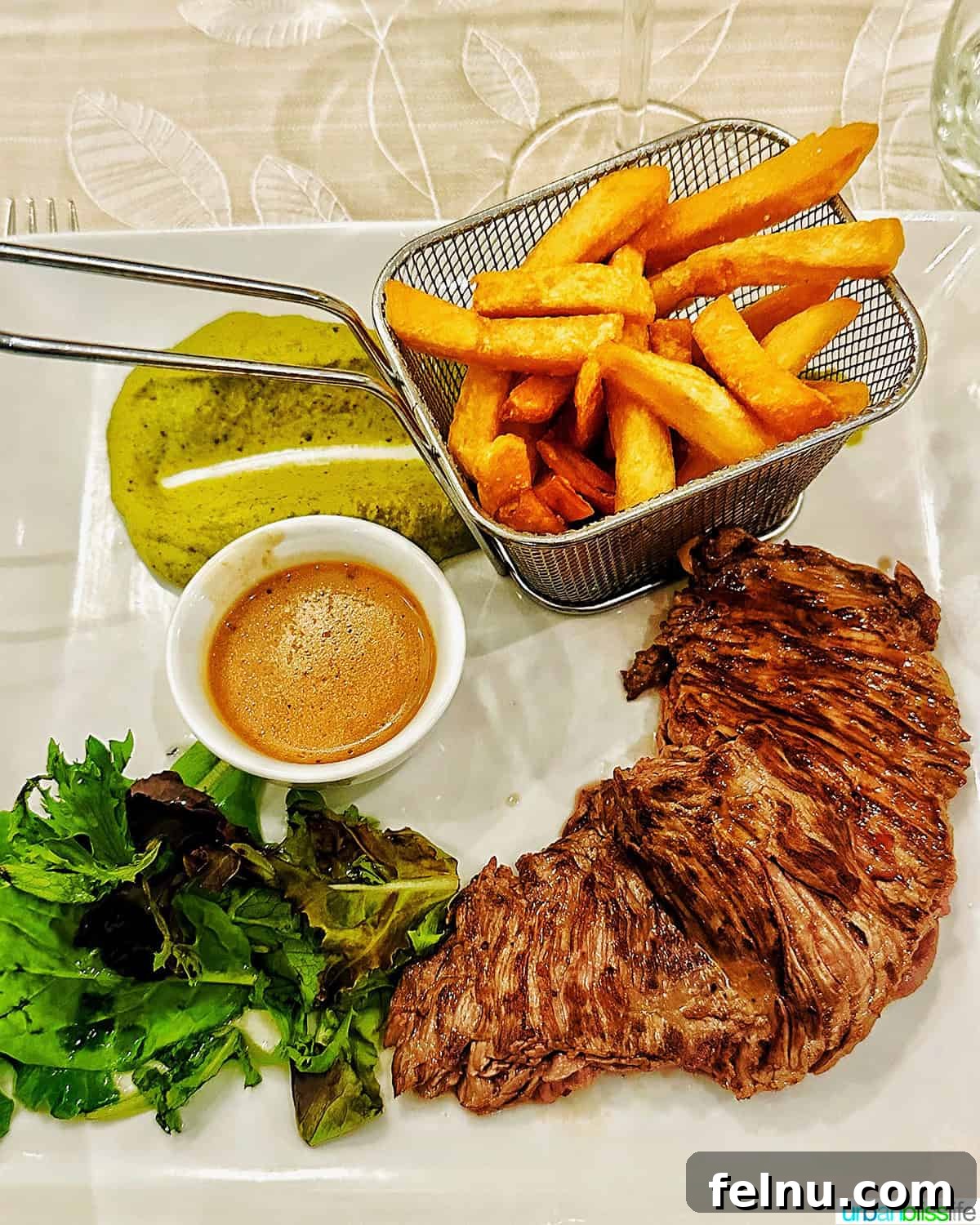 Iconic French Culinary Delights 7 A perfectly cooked steak served with a generous portion of golden-brown French fries, highlighting the simplicity and elegance of Steak Frites.