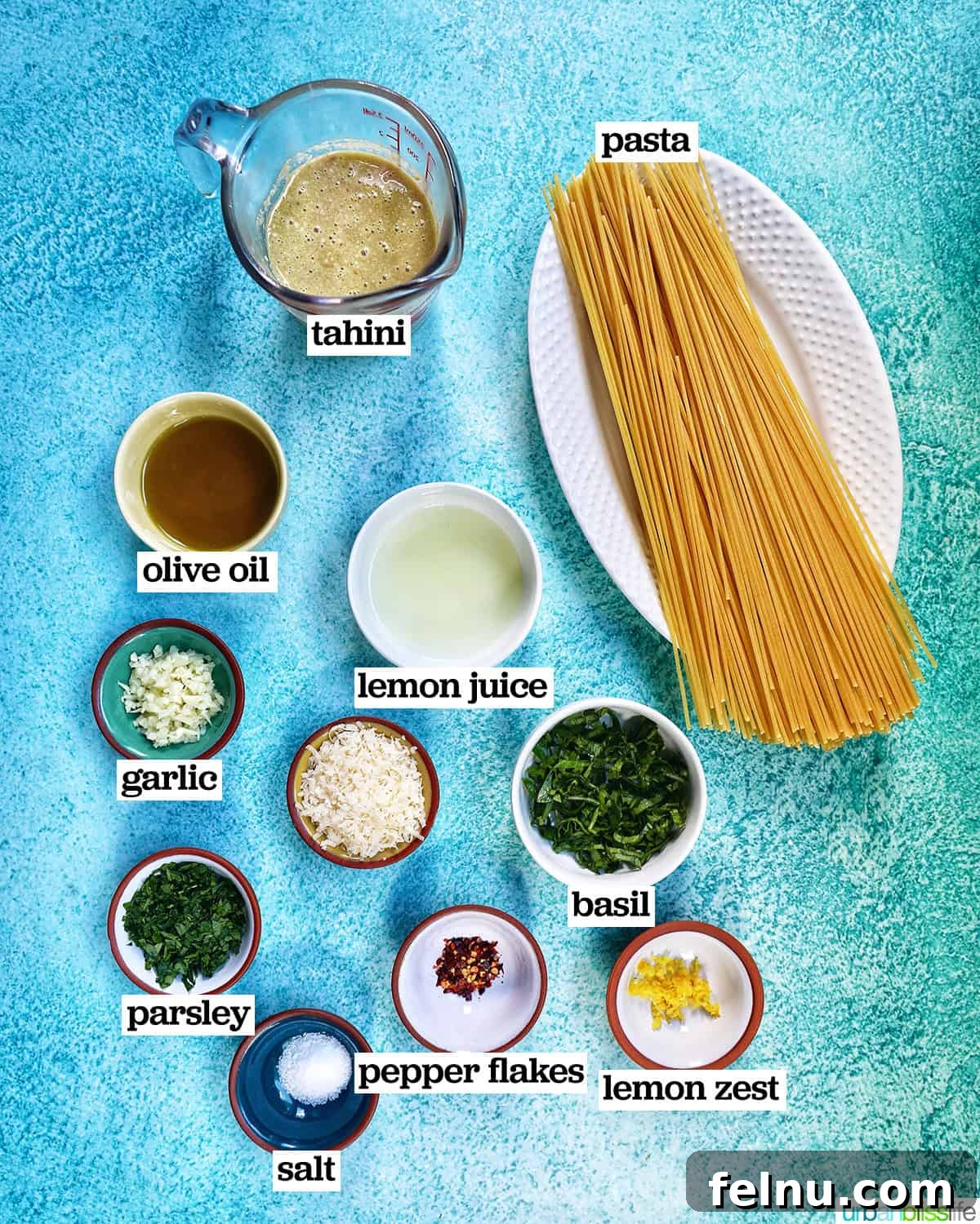 Tahini Sweet Treat 5 Bowls of ingredients for making tahini pasta, including tahini, lemon, garlic, and herbs.