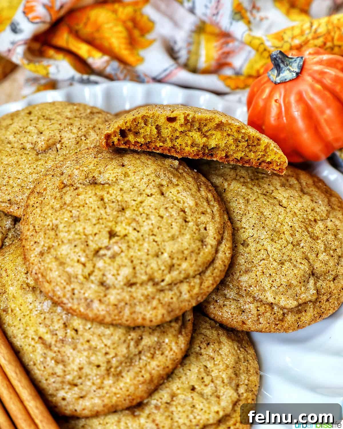 plate full of pumpkin spice cookies with pumpkin decorations and cinnamon sticks.