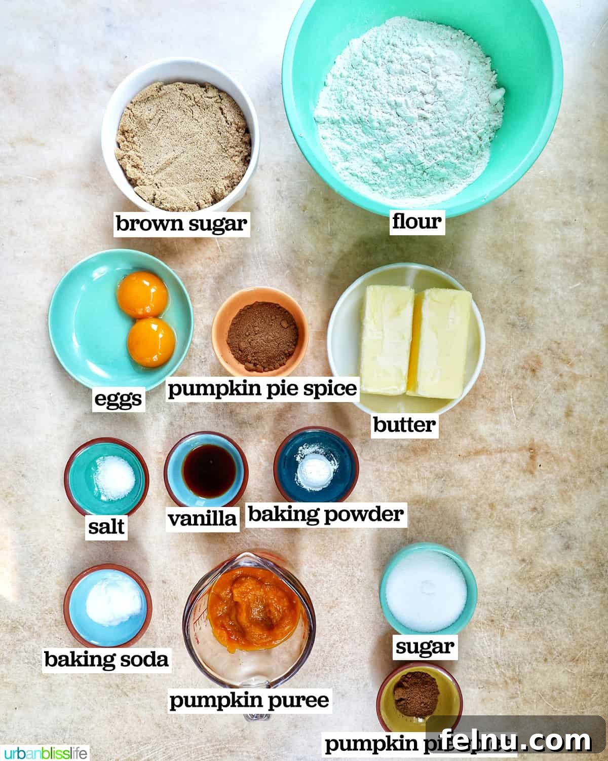 bowls of ingredients to make pumpkin pie spice cookies.