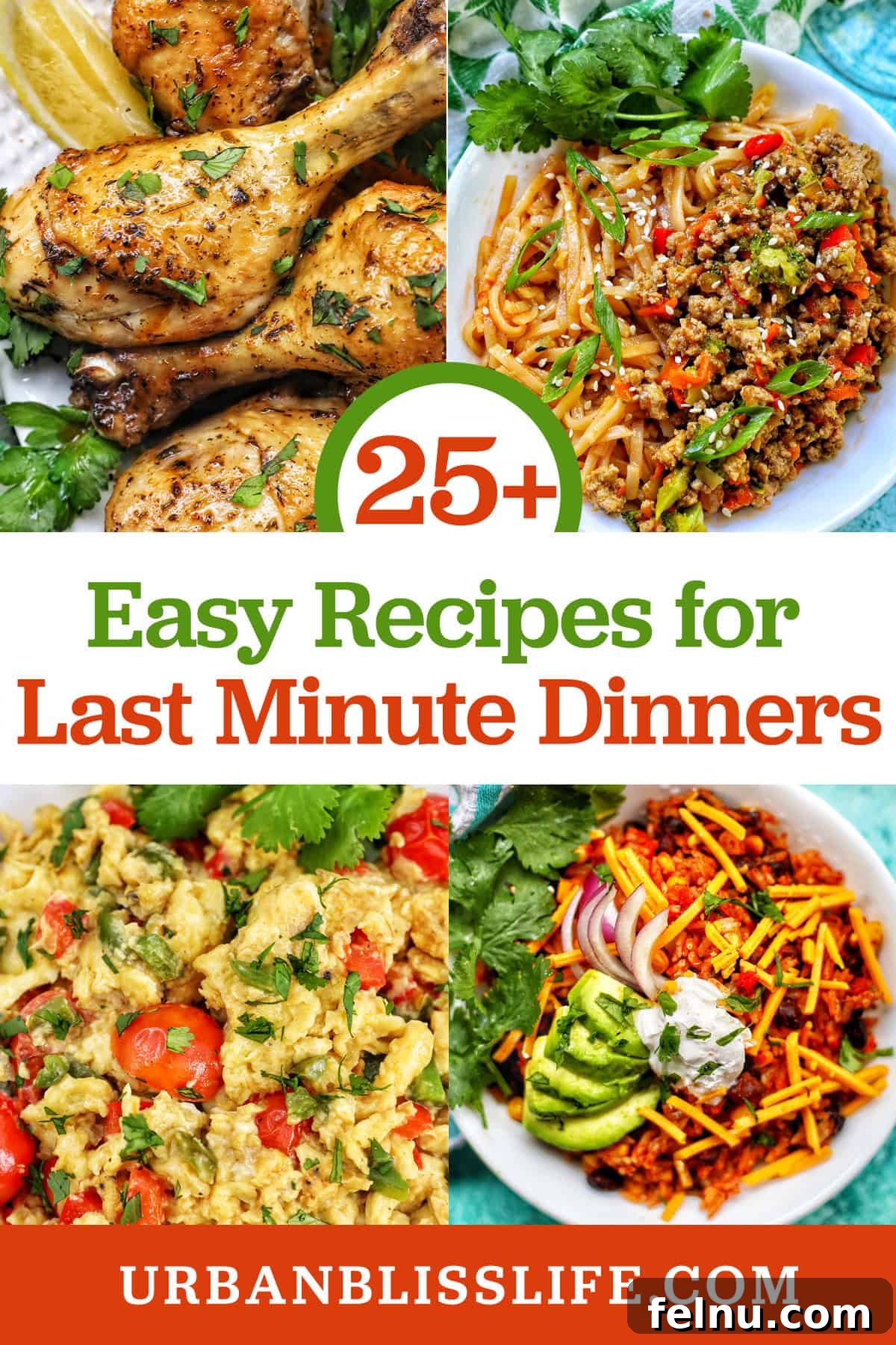 Effortless Weeknight Meals 2 Instant Pot Chicken drumsticks, ground turkey teriyaki, egg vegetable scramble and vegetarian burrito bowl with title text overlay Easy Recipes for Last Minute Dinners.