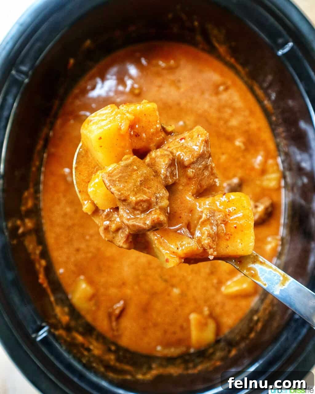 Slow Cooker Massaman Beef Curry 13 A spoonful of slow cooker beef massaman curry, highlighting the tender beef and creamy sauce after slow cooking to perfection.