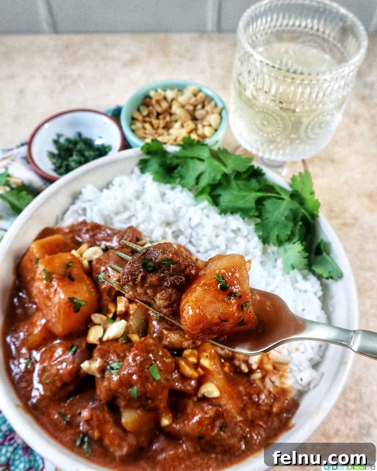 Slow Cooker Massaman Beef Curry 15 Slow cooker beef massaman curry served with rice in a bowl, accompanied by a glass of white wine, showcasing a complete and delightful dining experience.