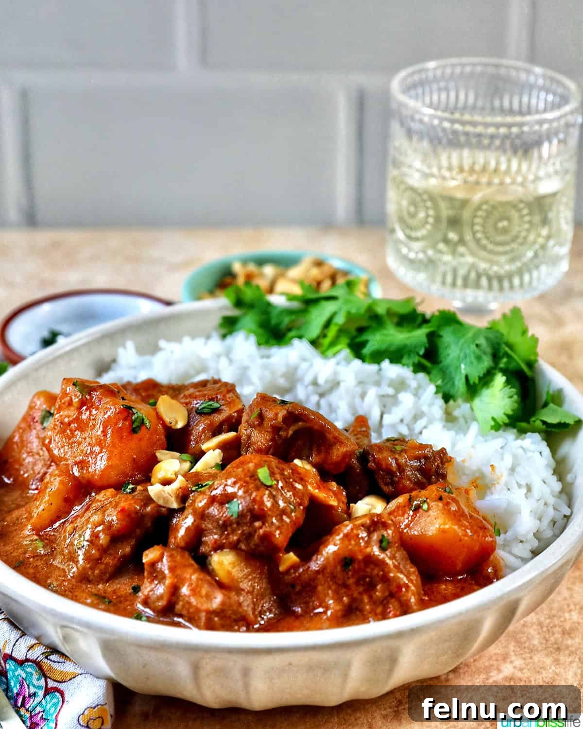 Slow Cooker Massaman Beef Curry 16 Slow cooker beef massaman curry with rice in a bowl and a glass of chilled white wine, suggesting a complementary flavor combination.