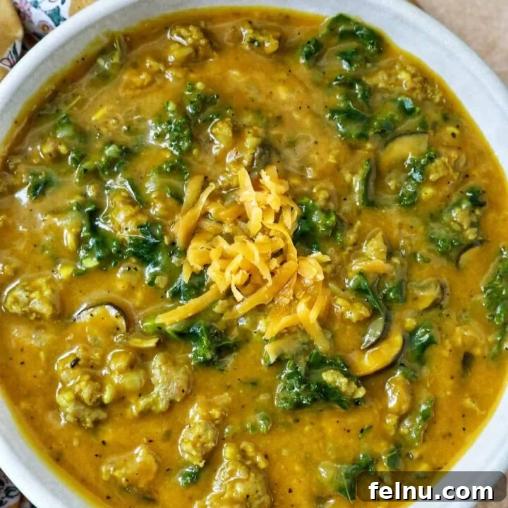 A comforting bowl of pumpkin soup with sausage, garnished with fresh greens and melted cheese, ready to be enjoyed.