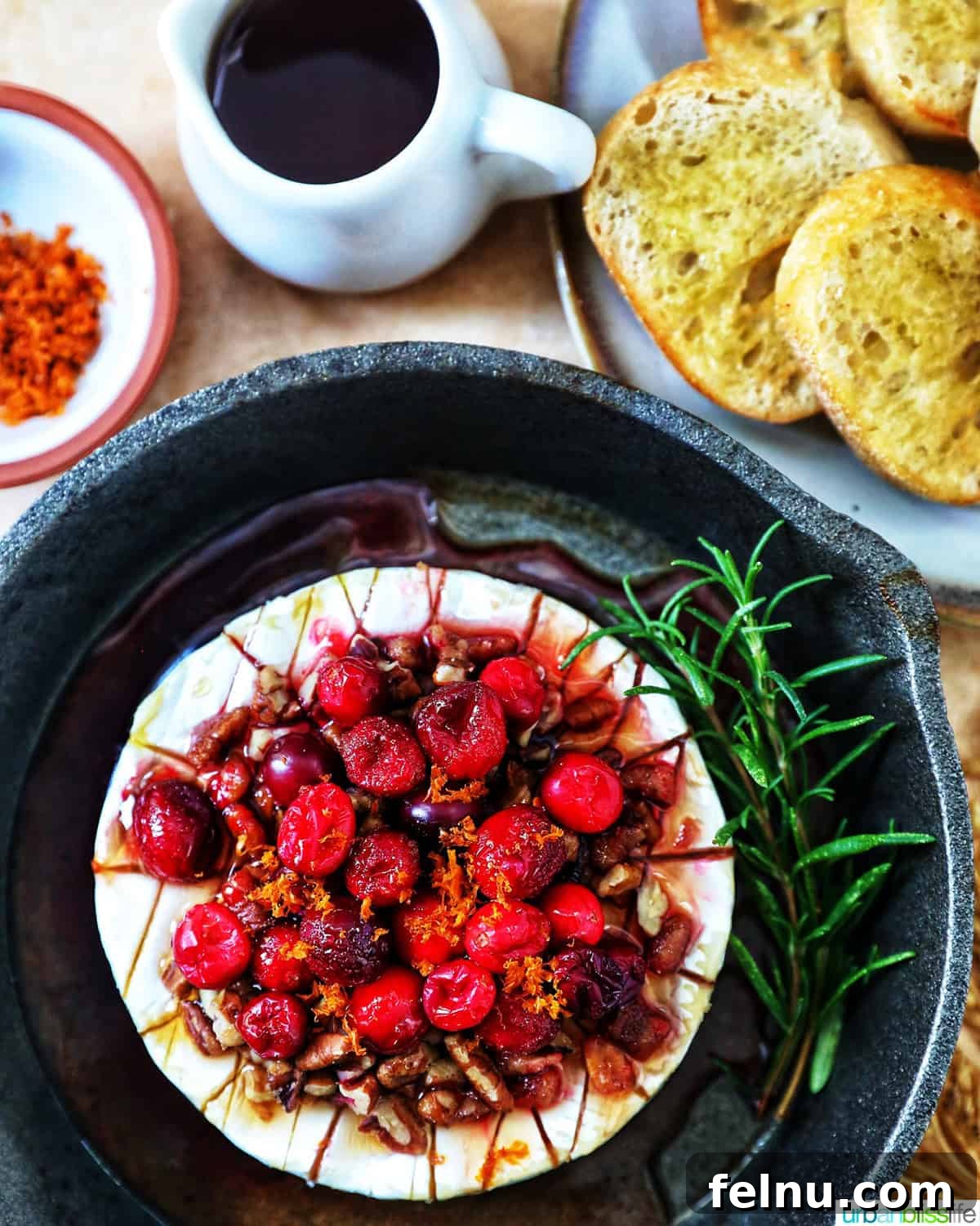 Cranberry and Pecan Crusted Brie 12 Cranberry Pecan Baked Brie in a skillet with crostini bread and honey.