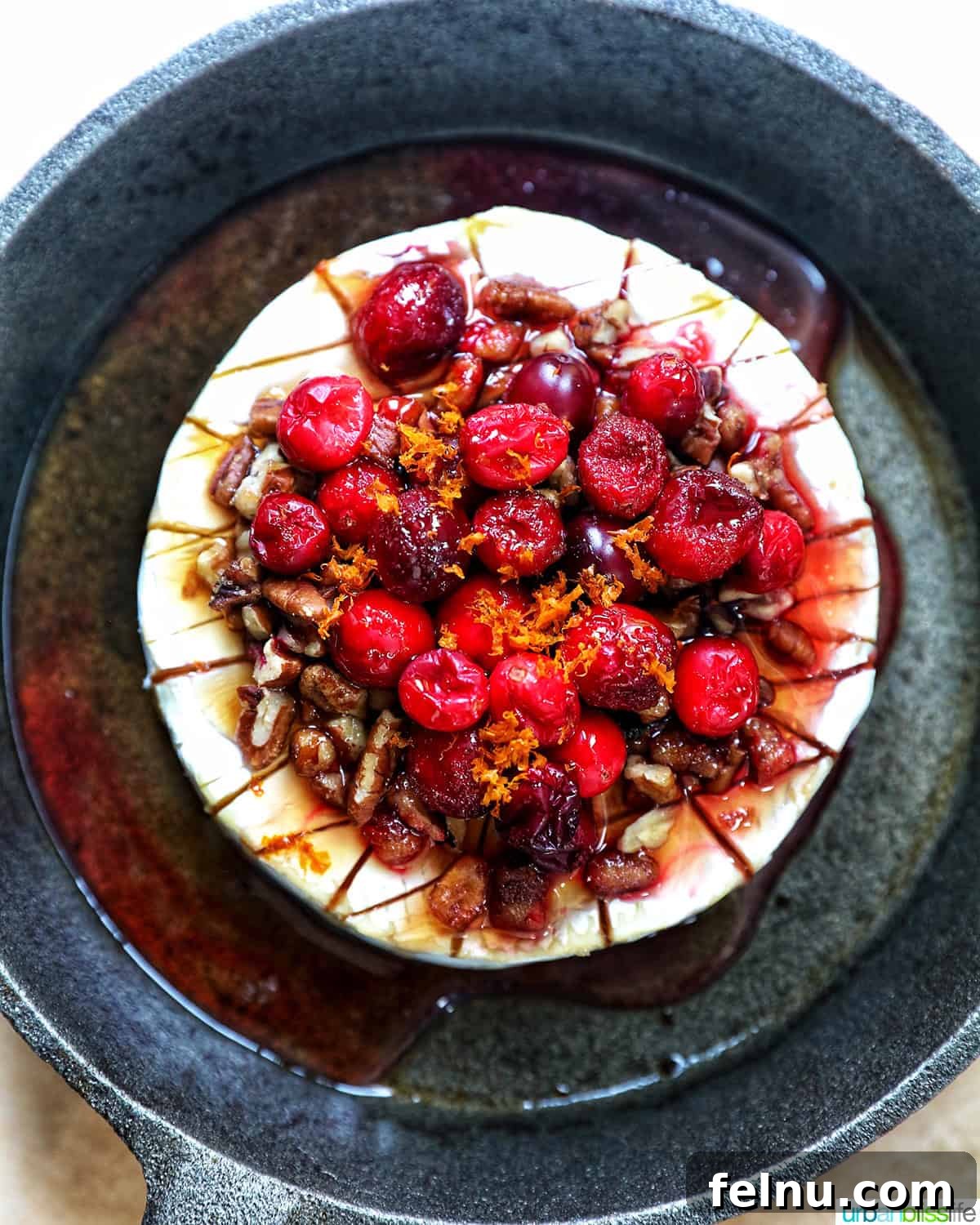 Cranberry and Pecan Crusted Brie 14 Cranberry Pecan Baked Brie in a skillet, overhead view.