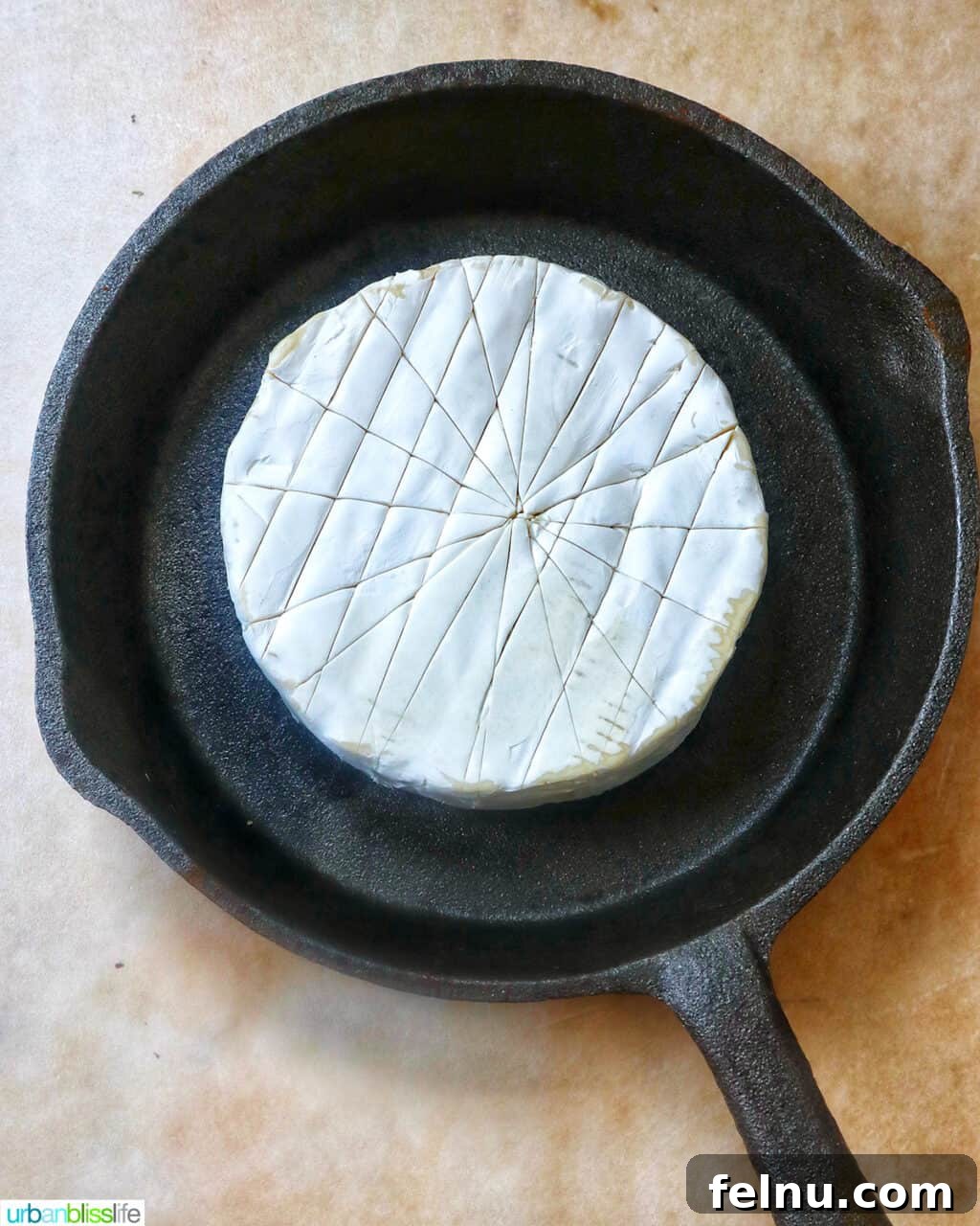 Cranberry and Pecan Crusted Brie 5 Brie cheese on a skillet.
