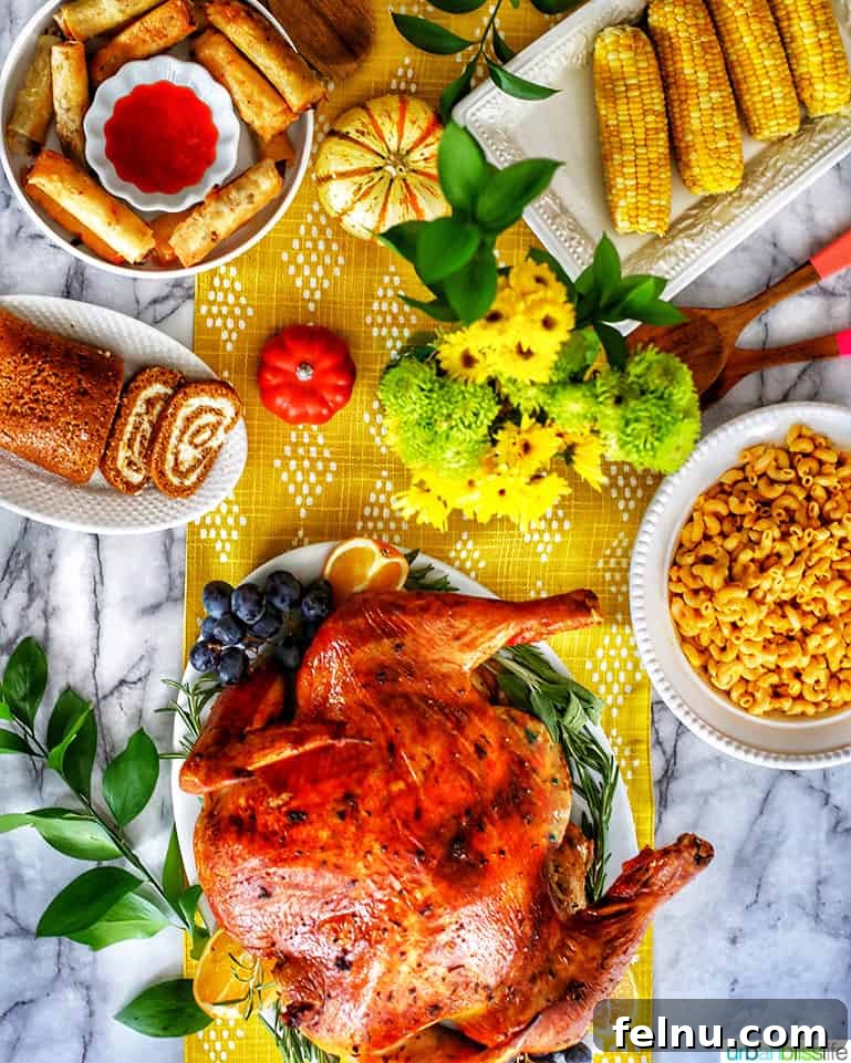 Dairy-Free Thanksgiving: 35 Delicious Recipes for Everyone 4 Thanksgiving Table with Turkey, Mac and Cheese, Mashed Potatoes, Pumpkin Roll, Corn on the Cob