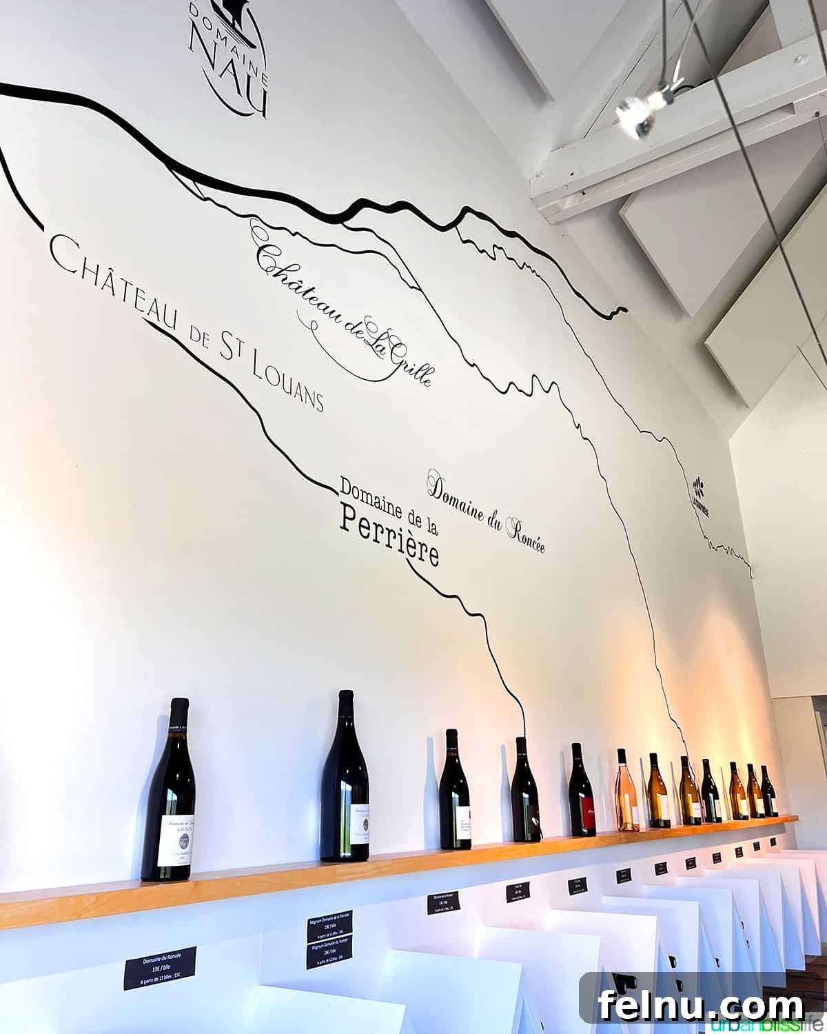 Uncorking the Elegance of Chateau de la Grille 4 A beautifully arranged wine wall showcasing bottles from Château de la Grille, highlighting the estate's diverse collection.