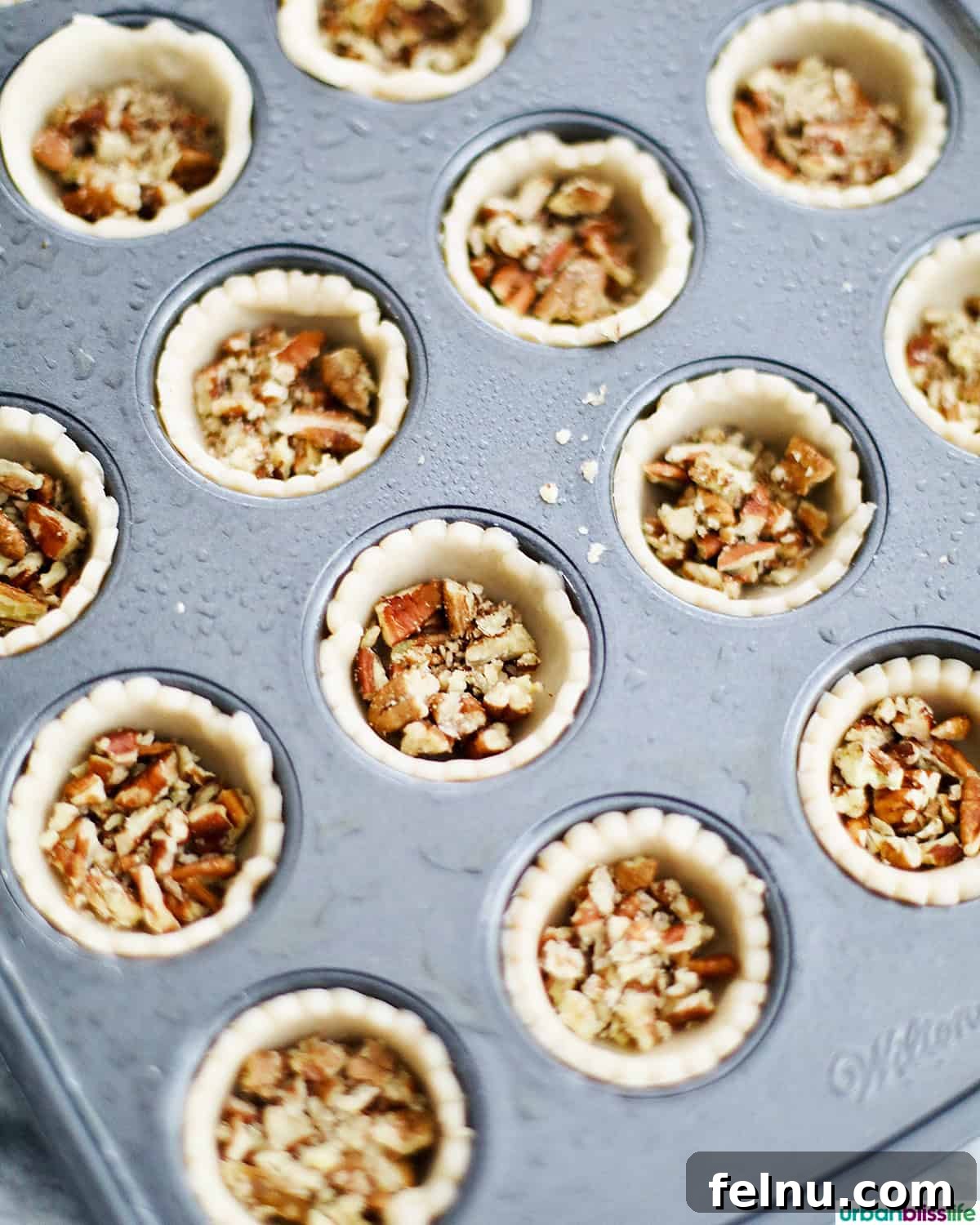 Mini Pecan Tarts 10 Mini pecan pies in a mini muffin tin.