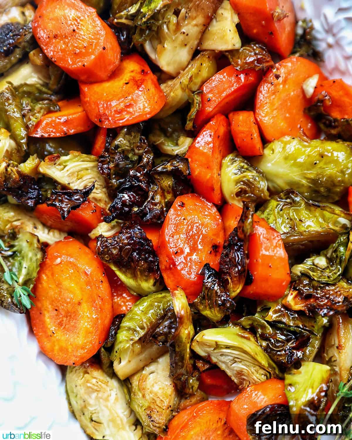 Roasted Brussels Sprouts with Maple-Glazed Carrots 9 A close-up shot of perfectly roasted Brussels sprouts and carrot slices.