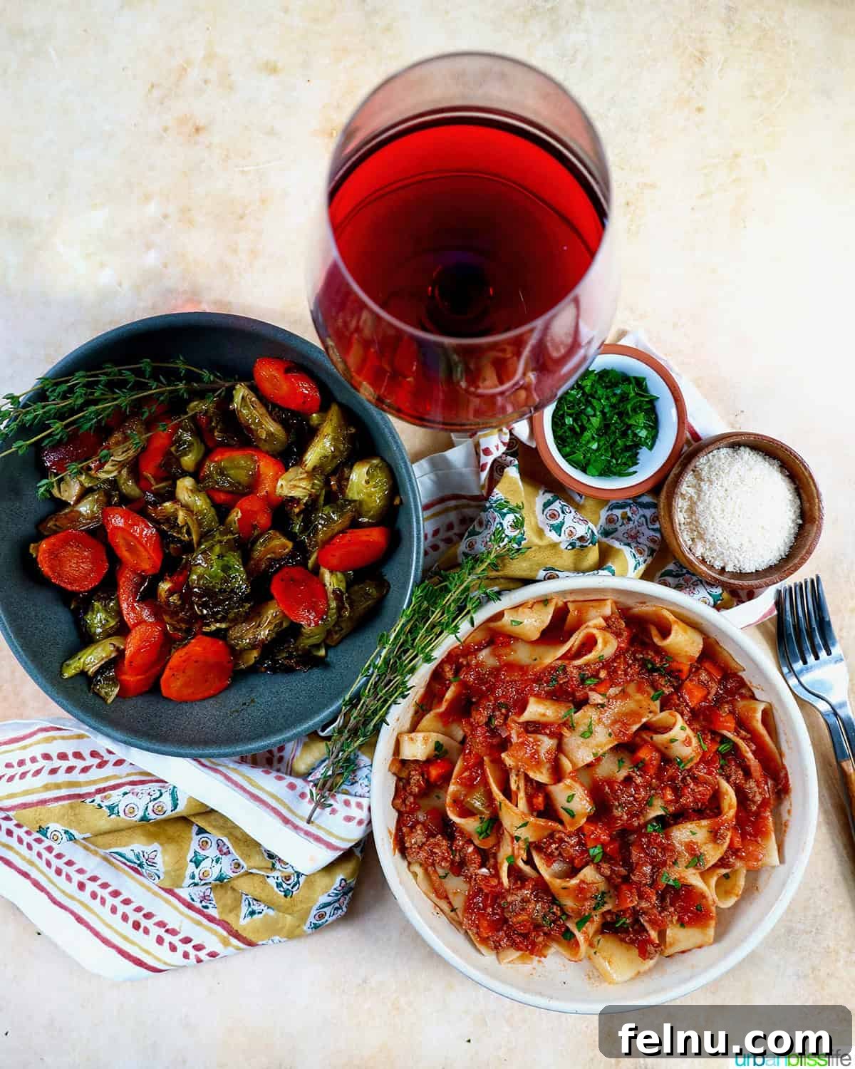 Roasted Brussels Sprouts with Maple-Glazed Carrots 10 Roasted Brussels sprouts and carrot slices served with lamb ragu pappardelle and a glass of red wine.