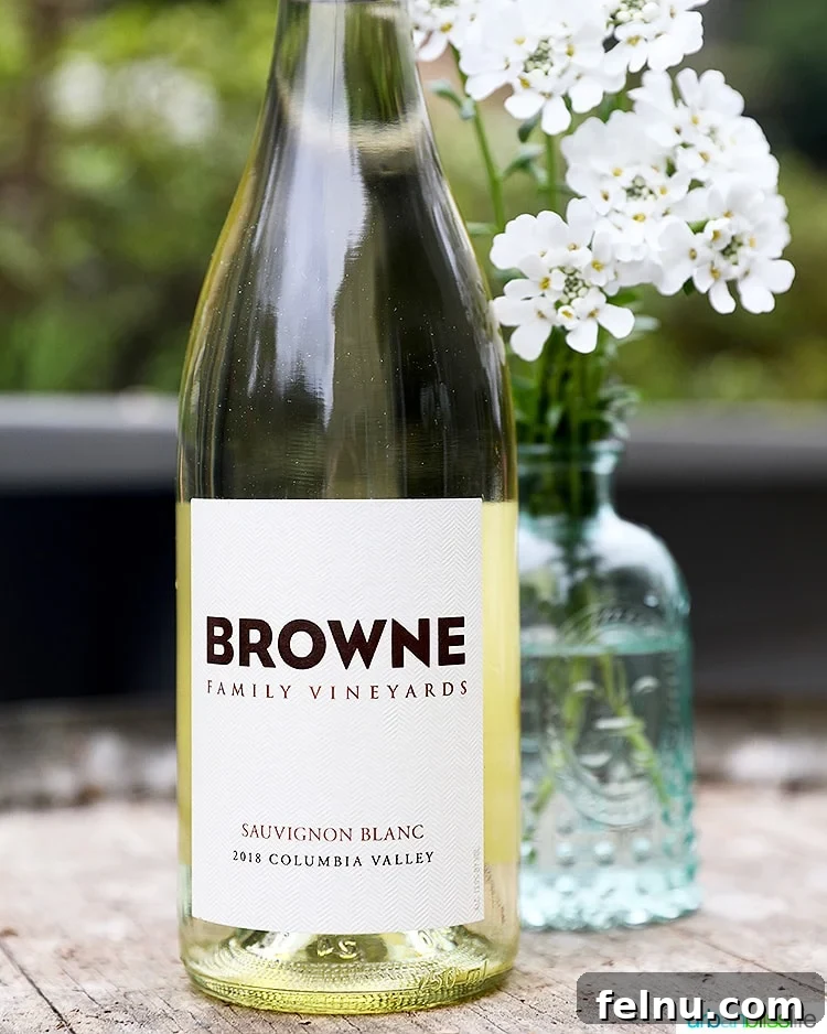 A bottle of Brown Family Vineyards Sauvignon Blanc, a crisp white wine perfect with Asian dishes.