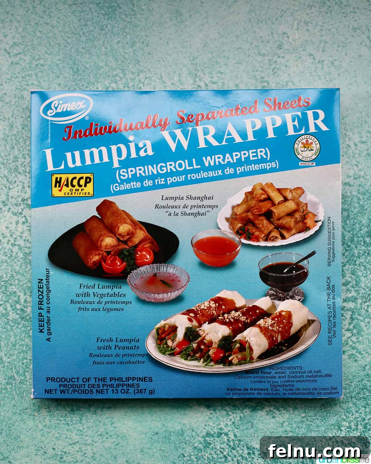 A package of authentic lumpia wrappers, showing their paper-thin texture.