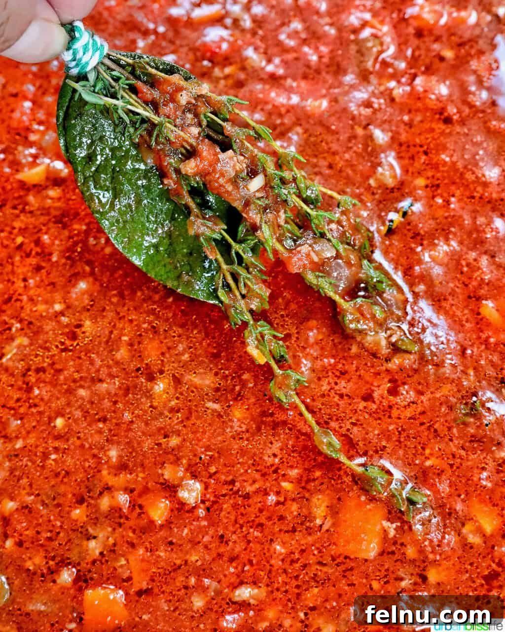 Removing herb bundle from lamb ragu