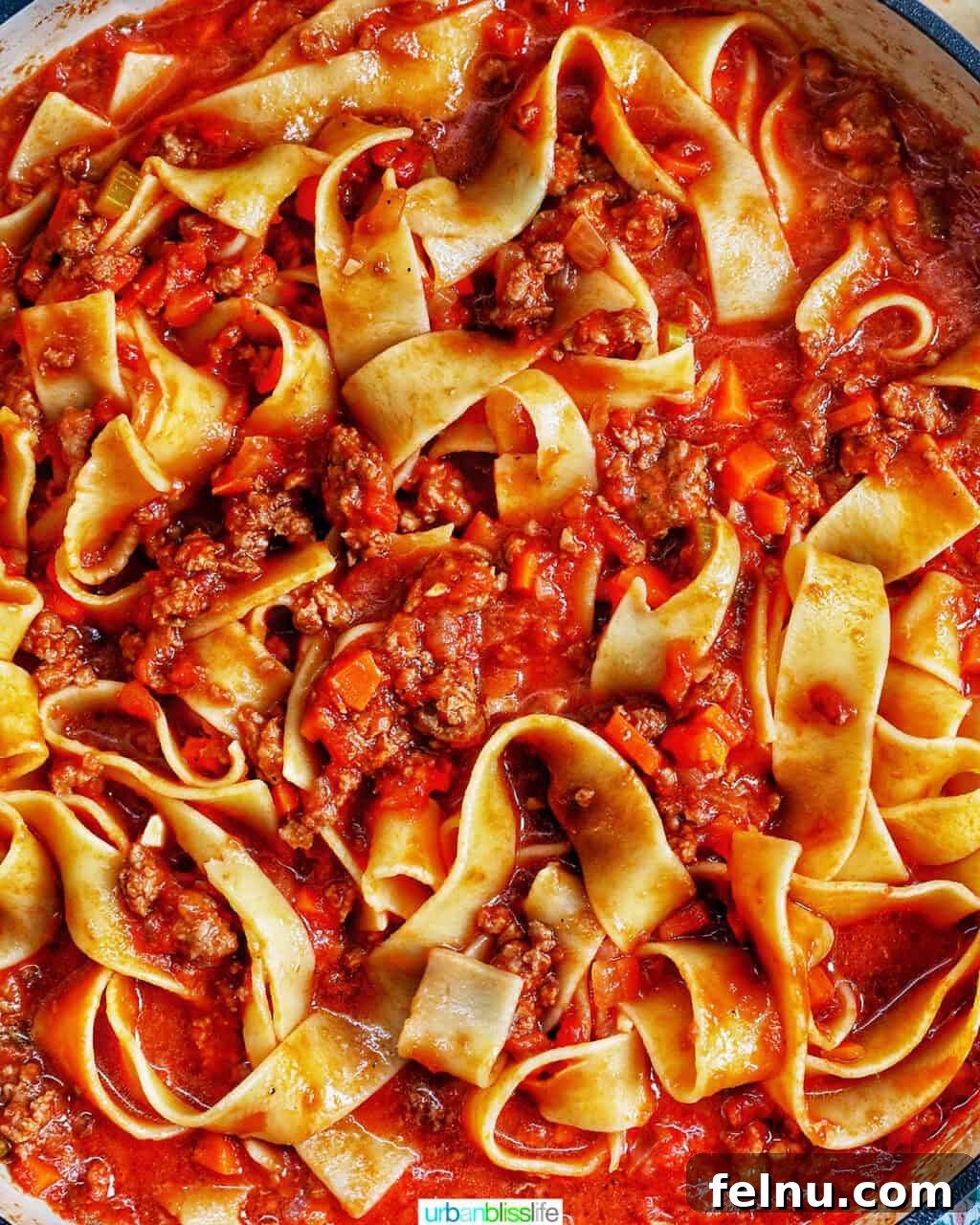 Hearty lamb ragu pappardelle in a pan
