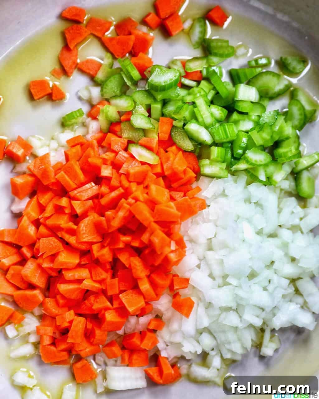 Carrots, onions, and celery in a pan
