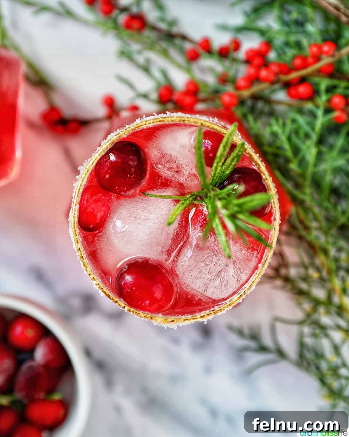glass of cranberry mocktail drink with festive christmas decorations.