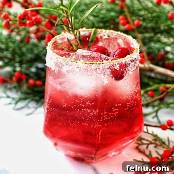 glass of cranberry mocktail drink with festive christmas decorations.