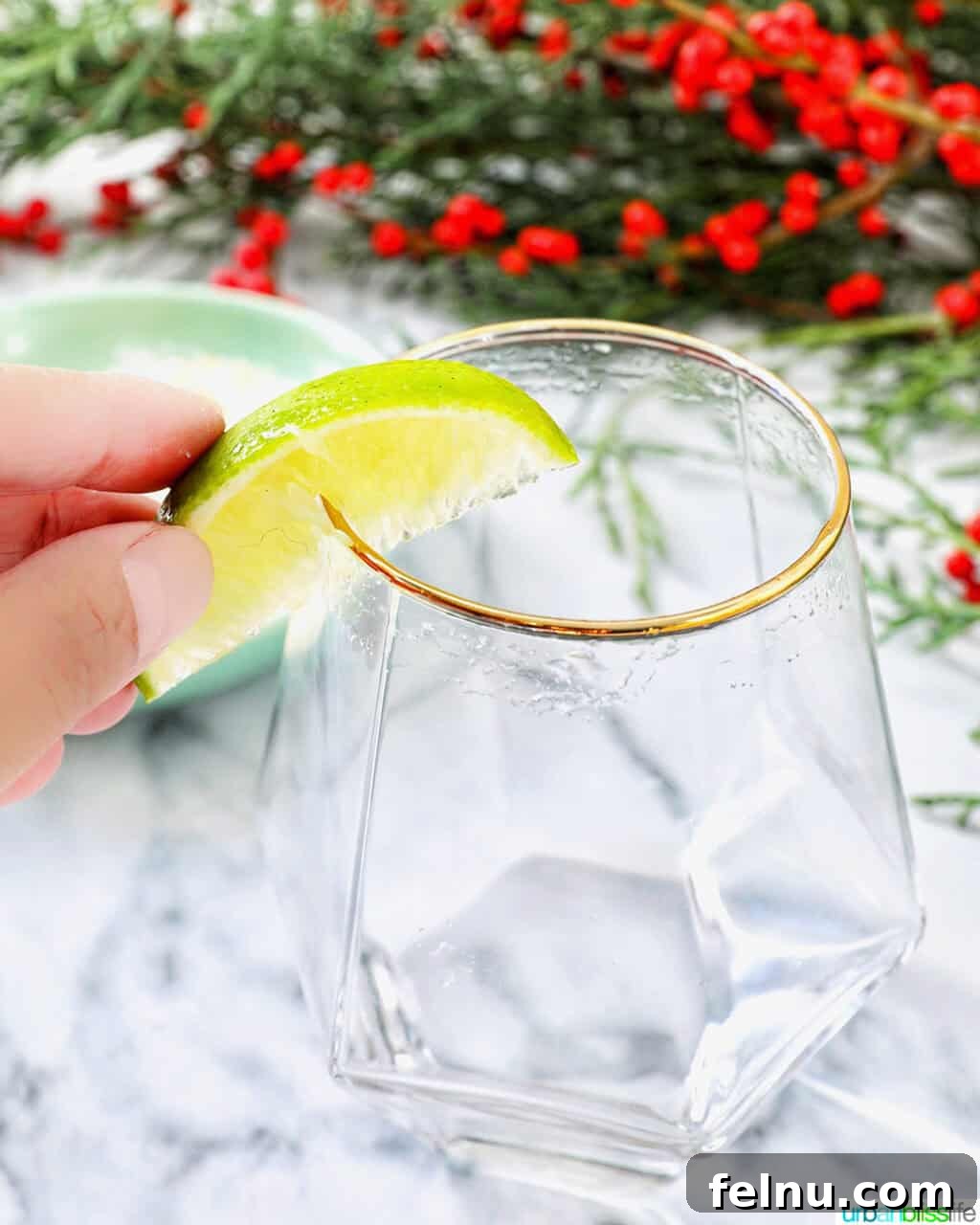 lime over the rim of a cocktail glass.