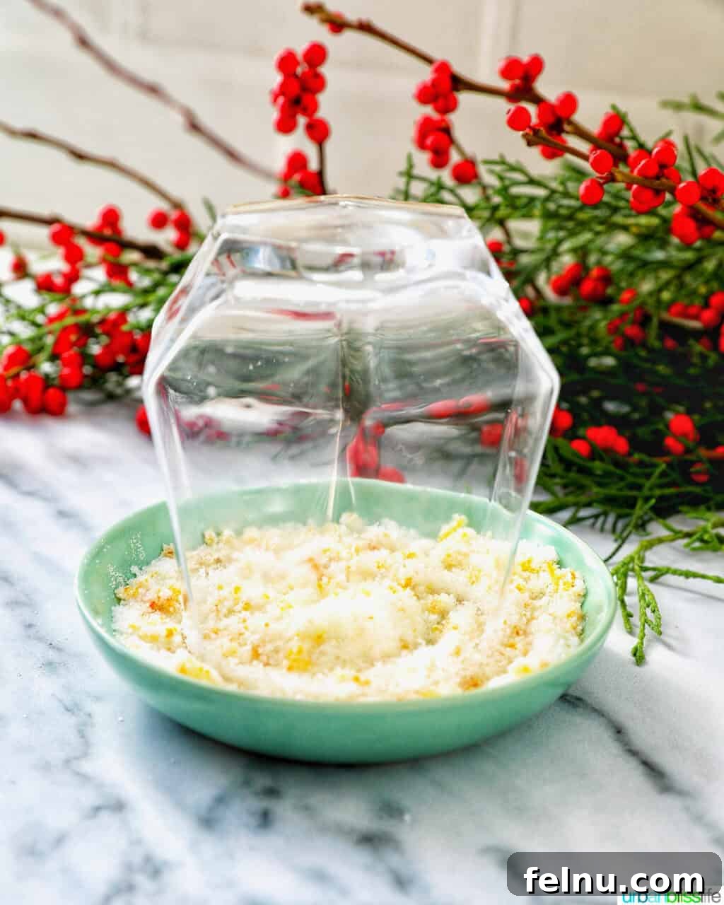 cocktail glass in a shallow bowl of citrus sugar.