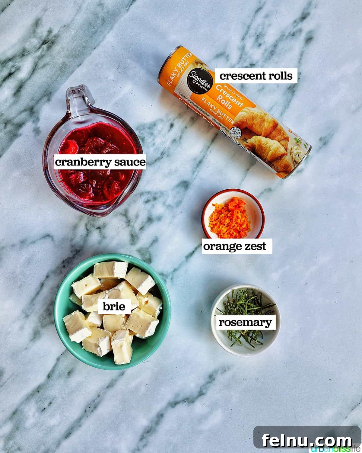 Bowls of ingredients to make cranberry brie tartlets