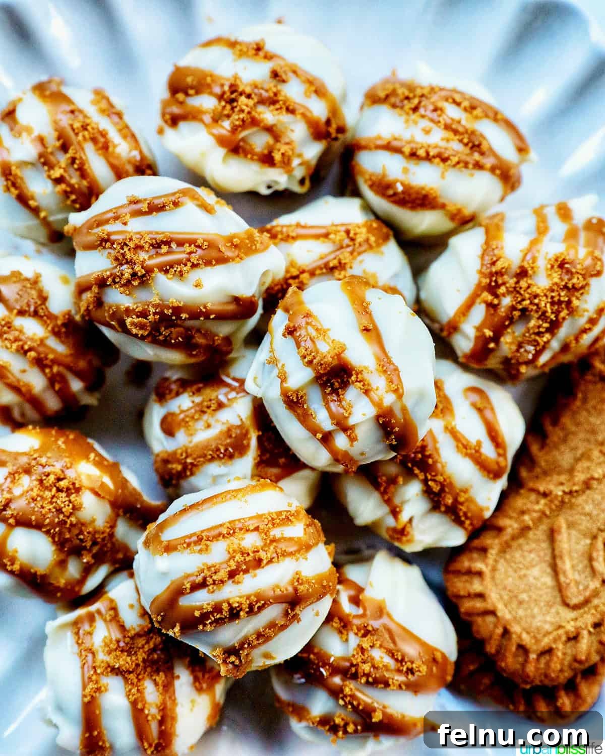Biscoff Delights 3 Biscoff truffles arranged beautifully on a plate, accompanied by Biscoff cookies.