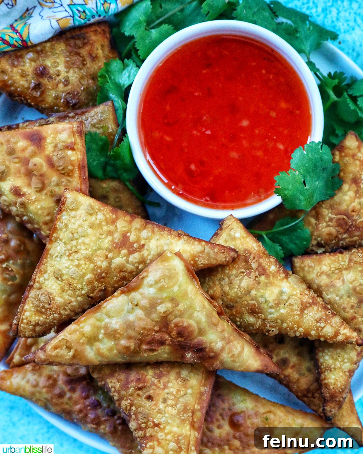 Vegan curry samosas served with sweet chili dipping sauce and herb garnish.