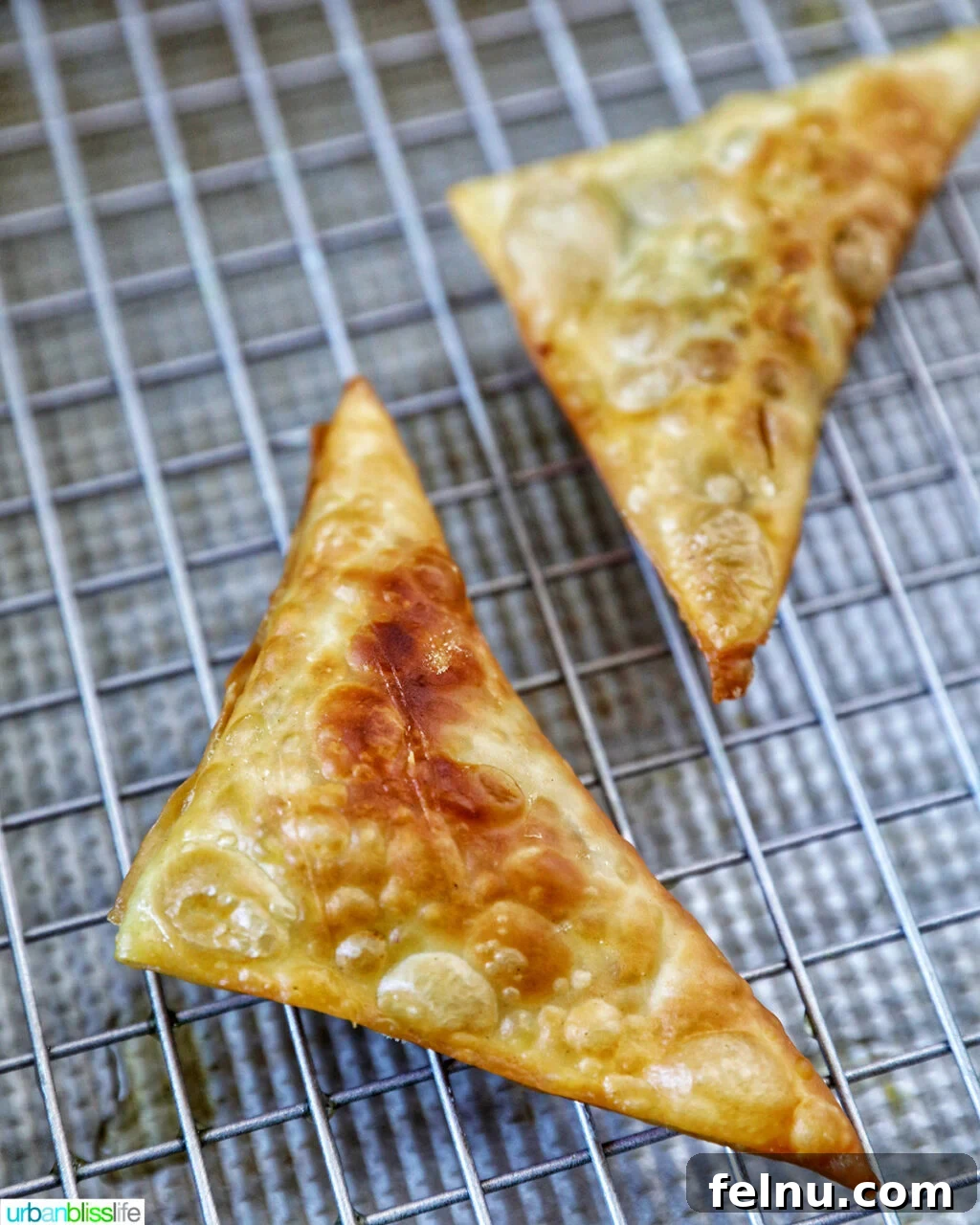 Vegan curry samosas frying in a Dutch oven.