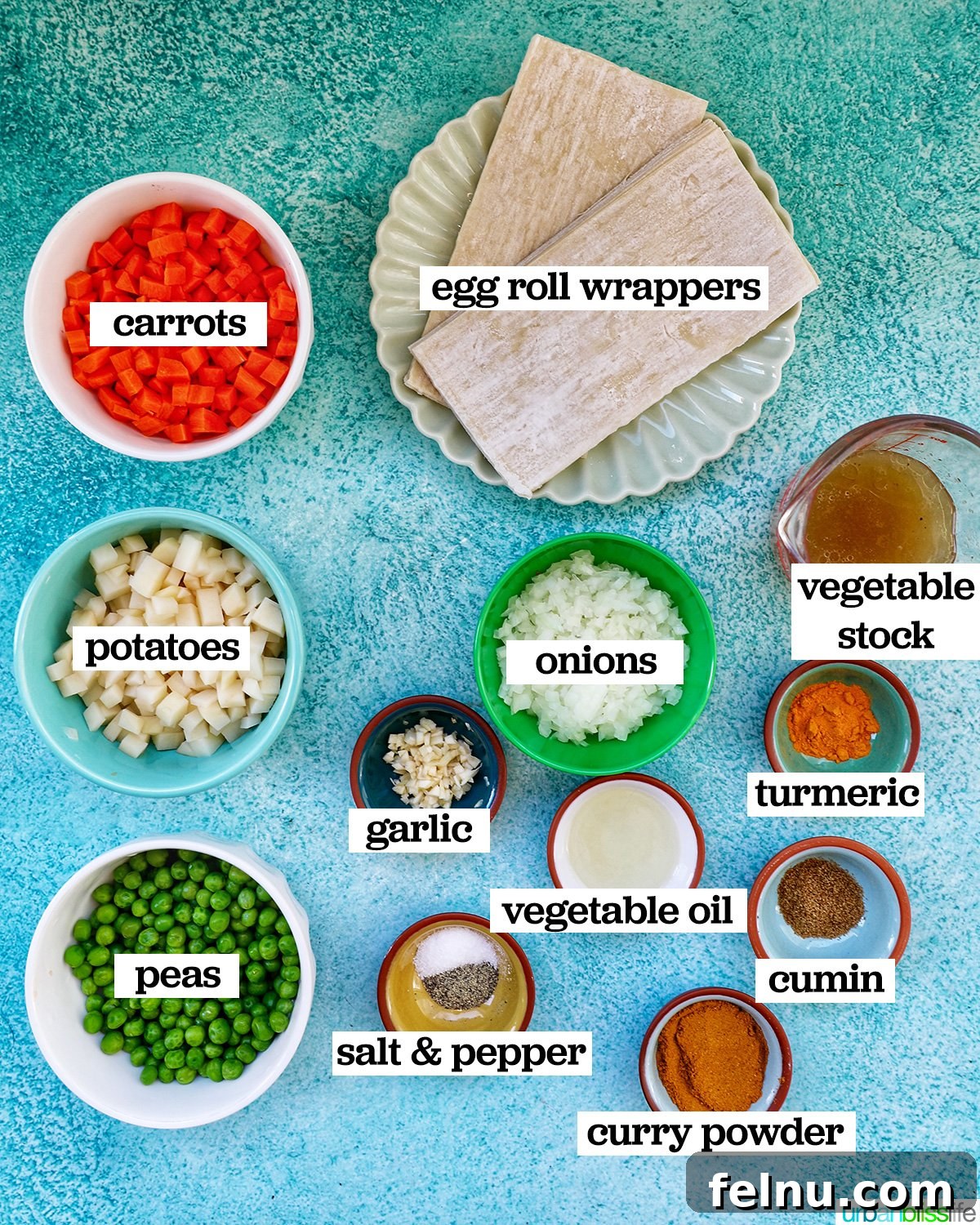 Ingredients for making vegan curry samosas arranged in bowls.