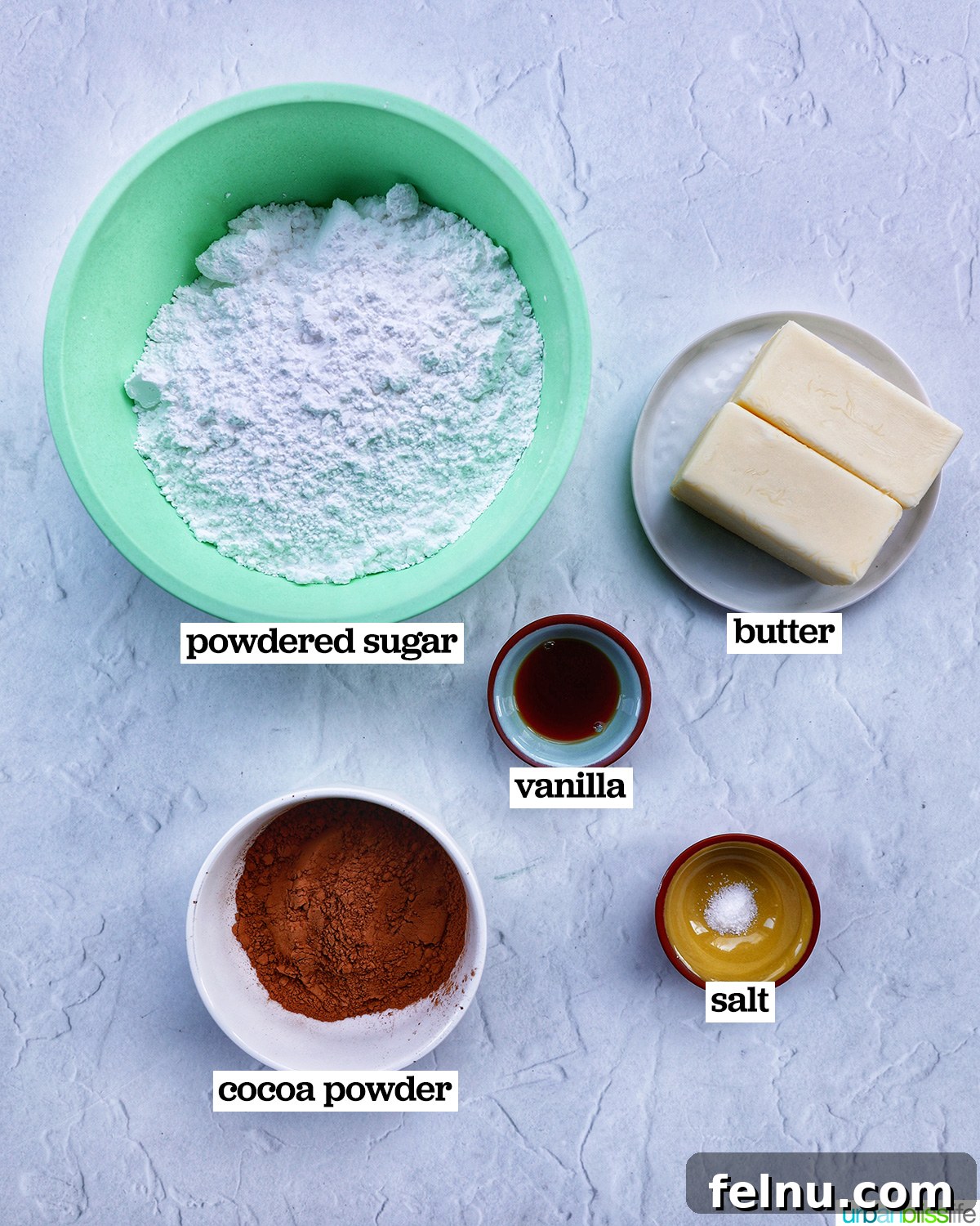 Touchdown Treats 4 Ingredients laid out for making chocolate buttercream frosting for football cupcakes.