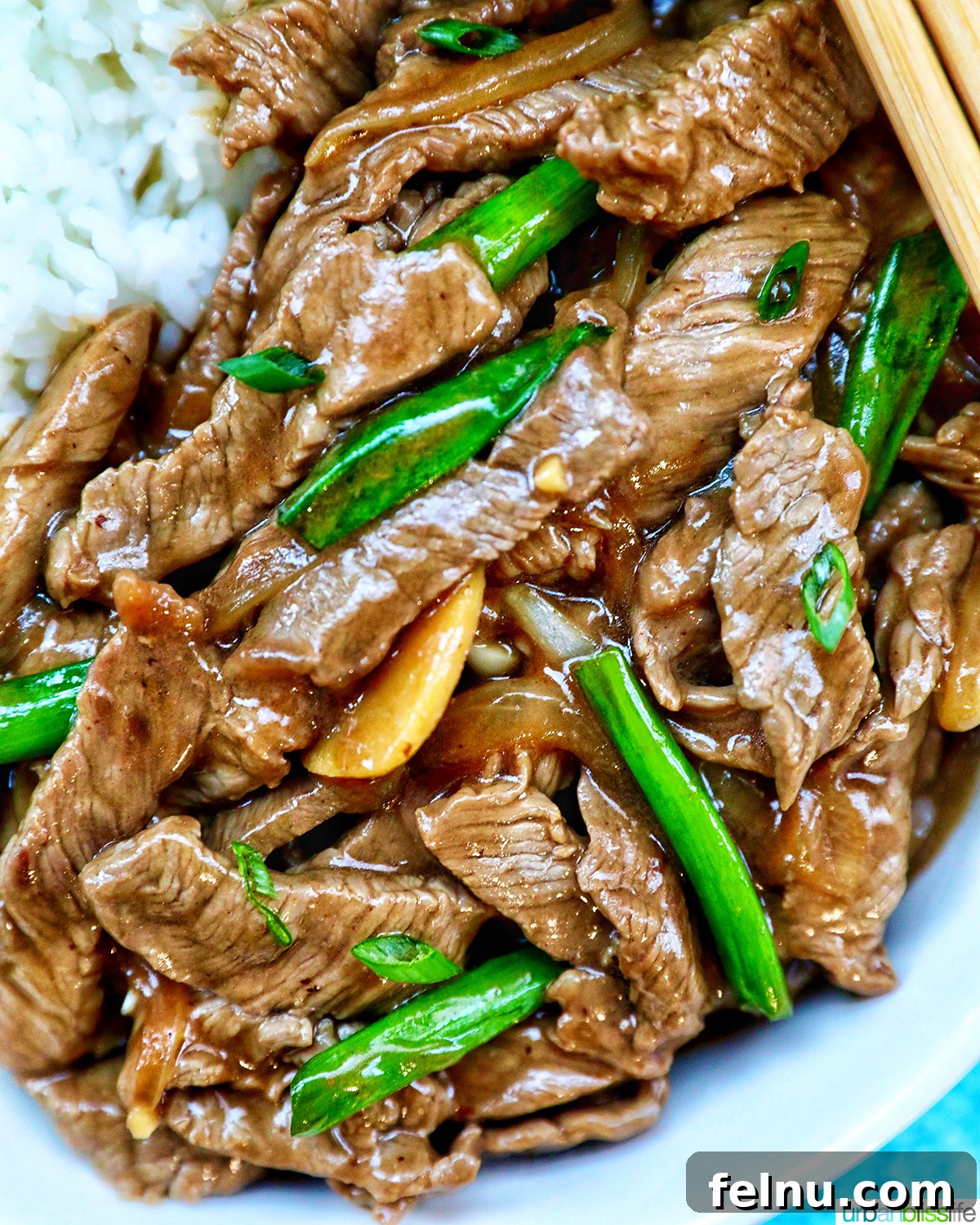 Savory Beef and Onion Skillet 2 Bowl of Beef and Onion Stir Fry with white rice and chopsticks