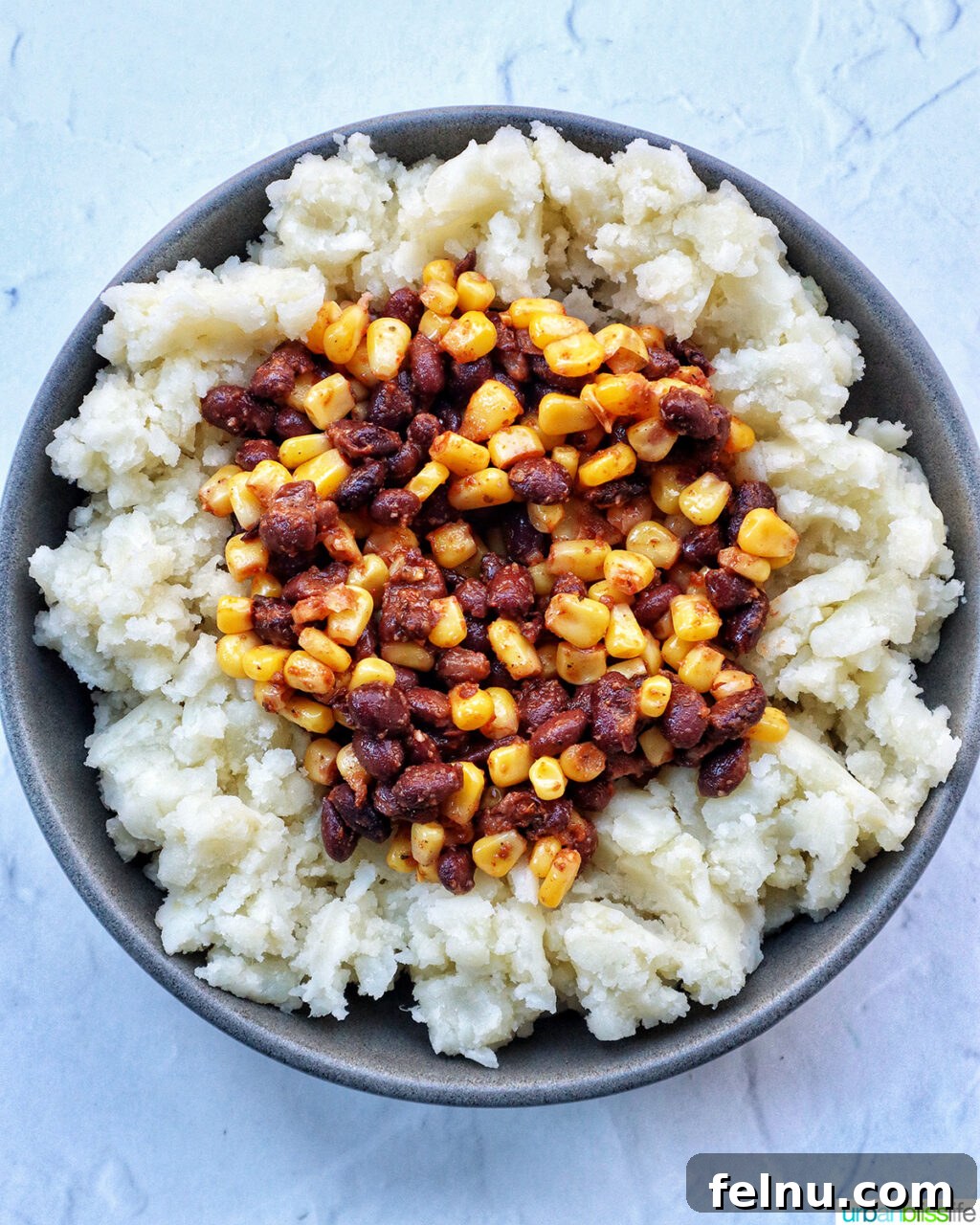 Hearty Spud Indulgence 12 A loaded potato bowl showing a base of mashed potatoes topped with the corn and black bean mixture.
