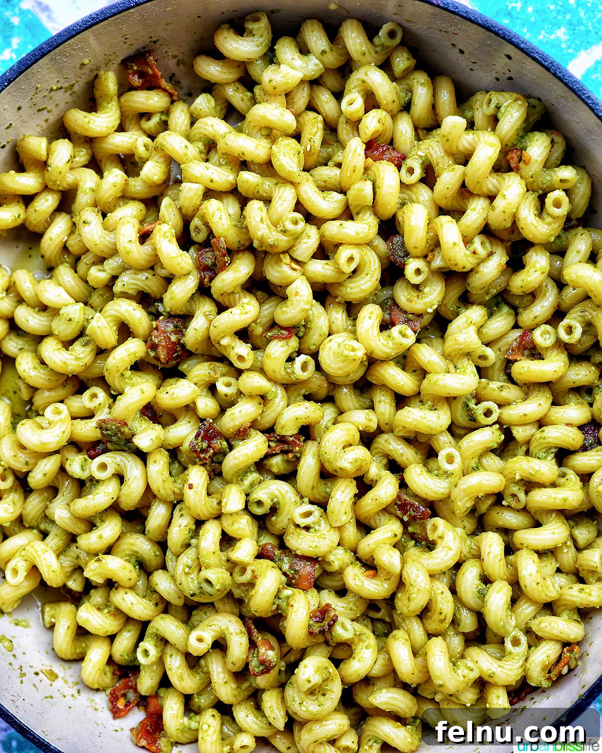 Bacon Pesto Pasta Delight 14 Overhead view of bacon pesto pasta