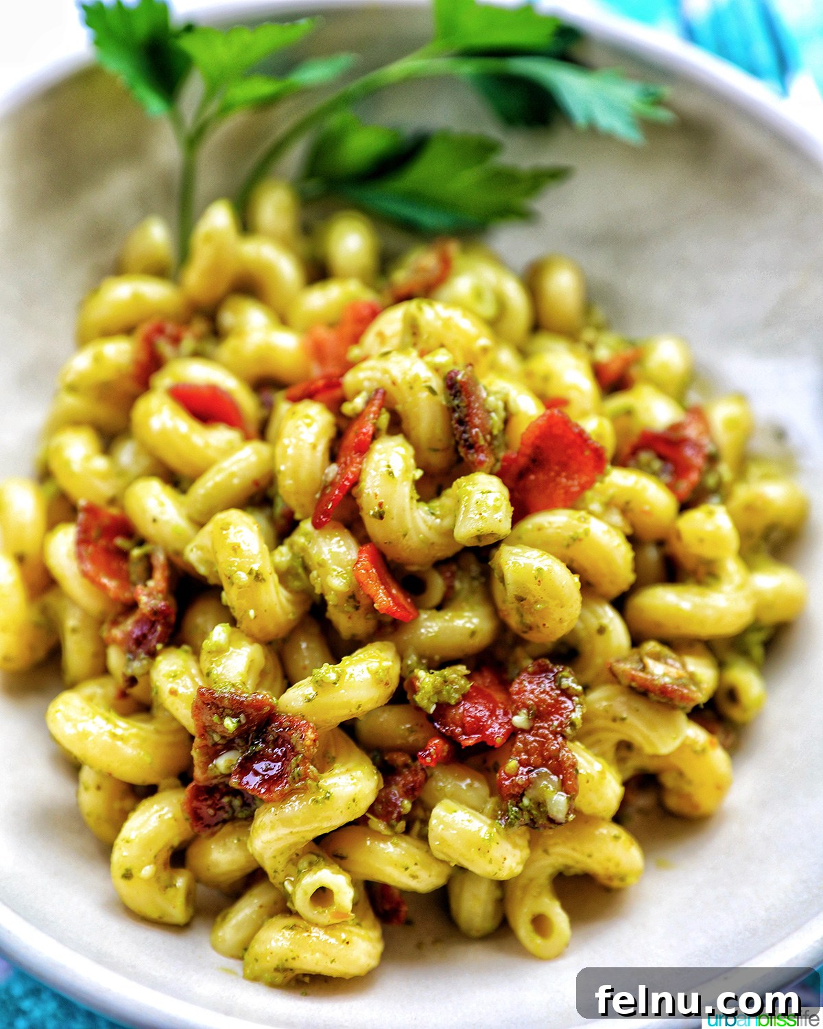 Bacon Pesto Pasta Delight 15 Bowl of bacon pesto pasta served