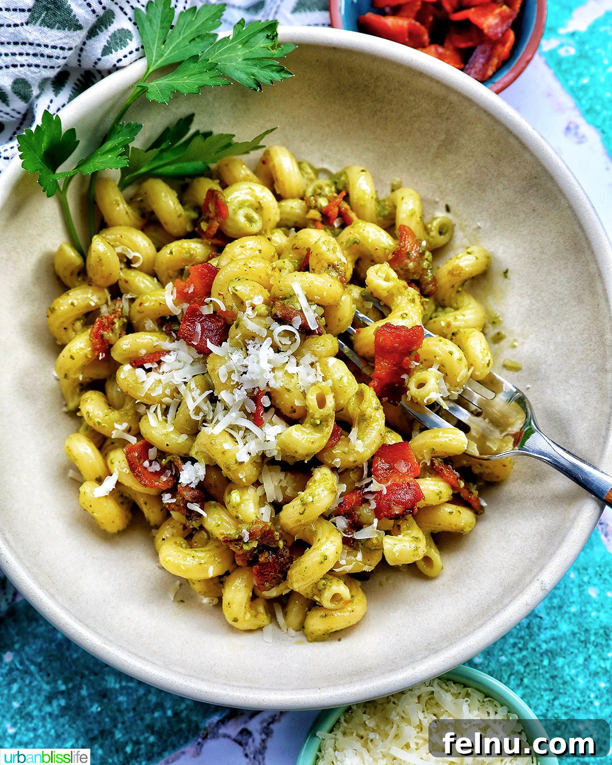 Bacon Pesto Pasta Delight 17 Bowl of bacon pesto pasta top down