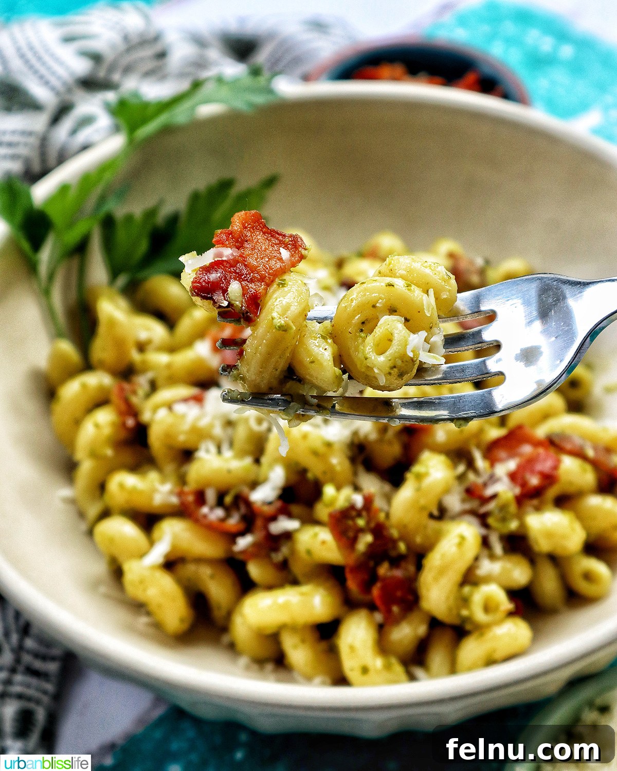 Bacon Pesto Pasta Delight 3 Forkful of bacon pesto pasta