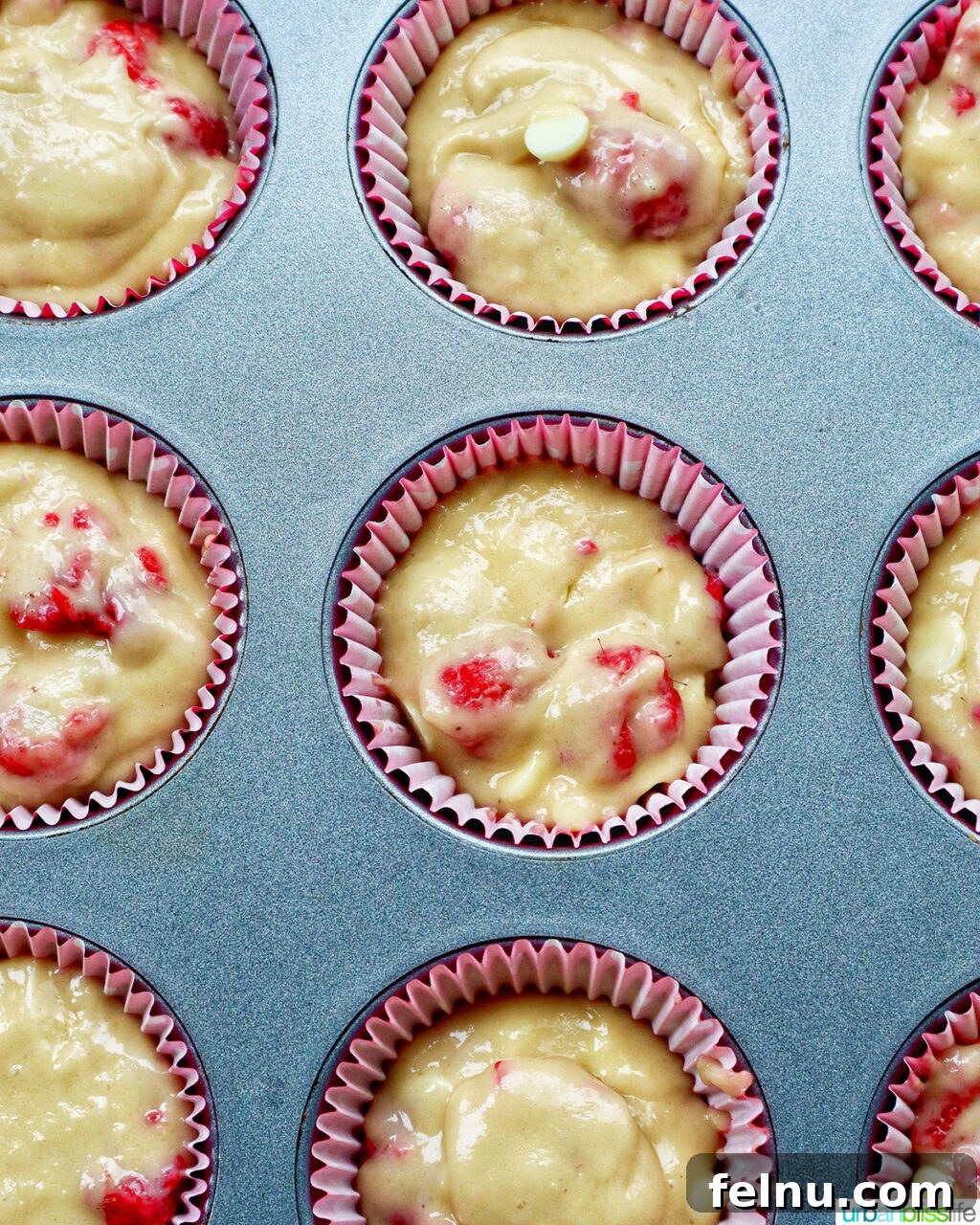 raspberry white chocolate chip muffins in a muffin pan.