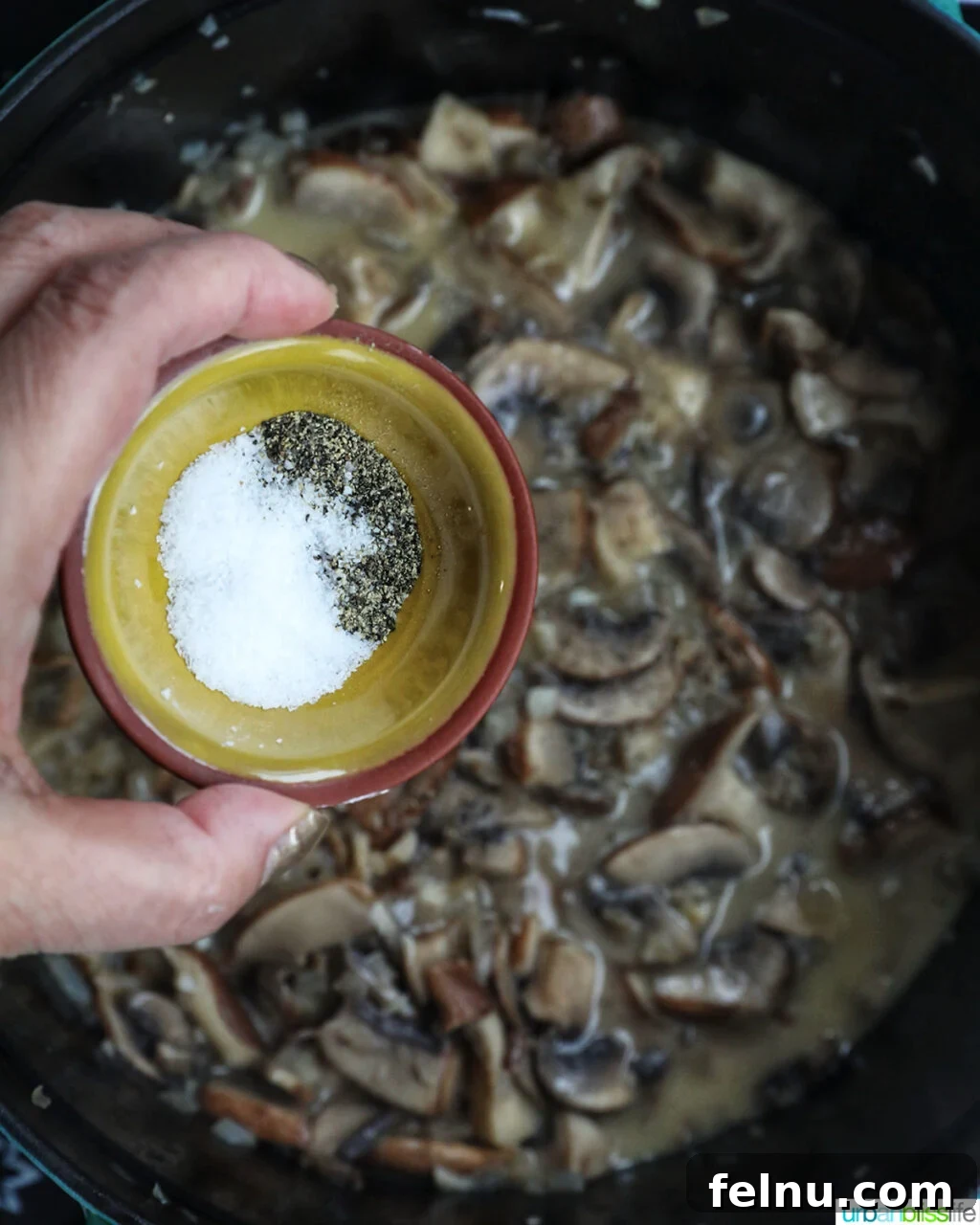Creamy Vegan Mushroom Delight 11 A hand seasoning a pot of mushrooms with salt and pepper.