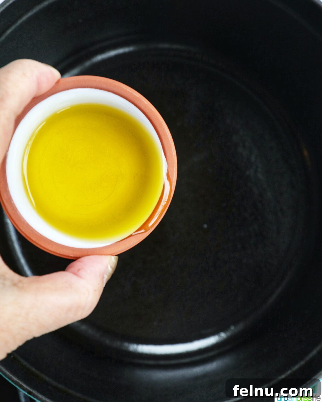 Creamy Vegan Mushroom Delight 5 A hand pouring olive oil into a Dutch oven, preparing for sautéing.