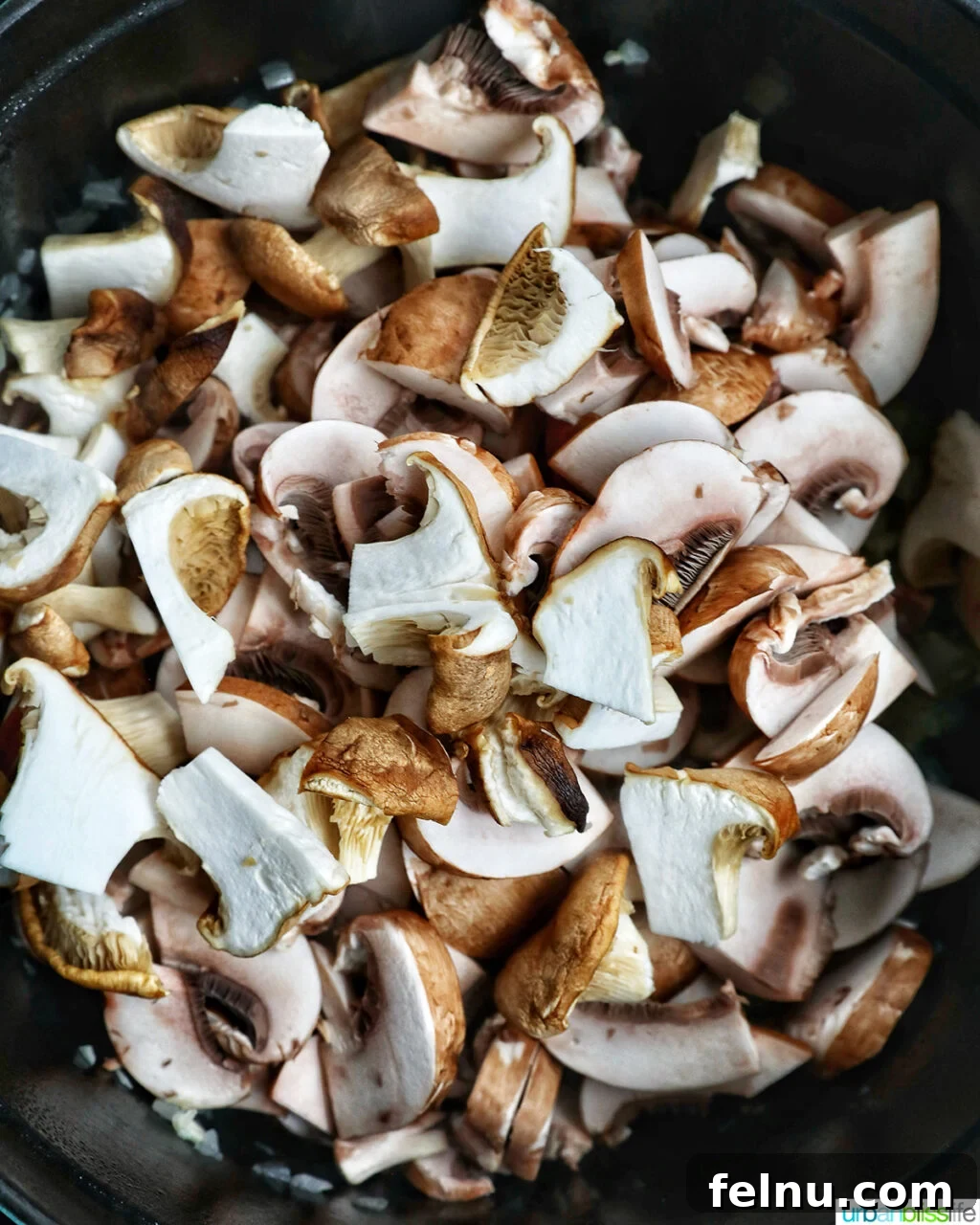 Creamy Vegan Mushroom Delight 7 Sliced garlic added to softening onions in a pot.
