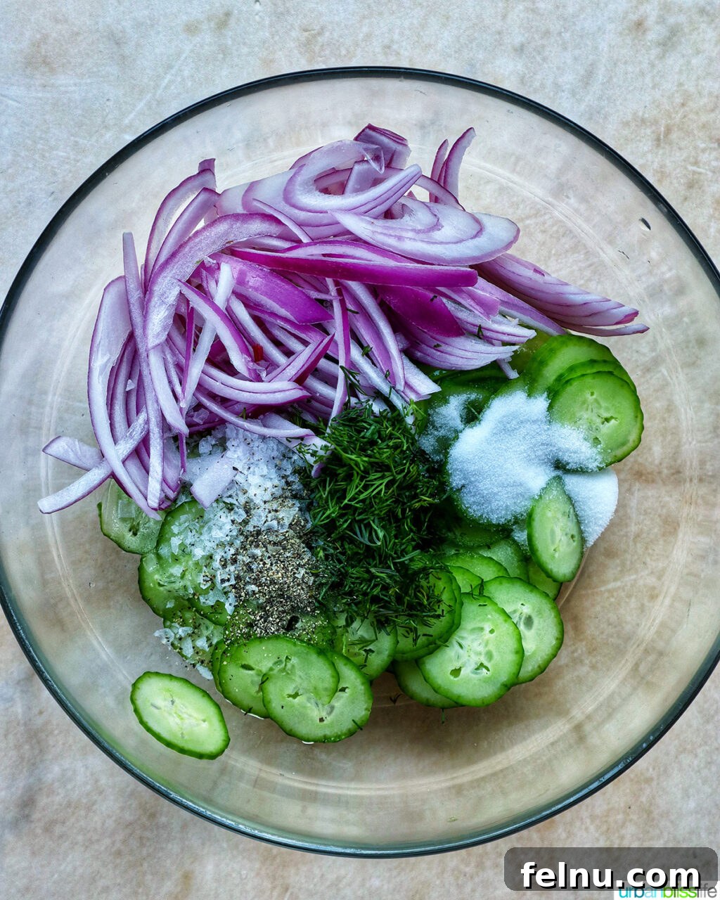 Garden Fresh Cucumber Dill Salad 5 bowl of ingredients for cucumber dill salad.