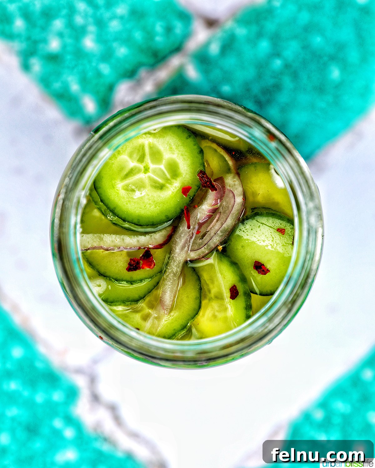 Spicy Asian Cucumber Pickles 3 overhead shot of a jar of Asian pickled cucumbers.
