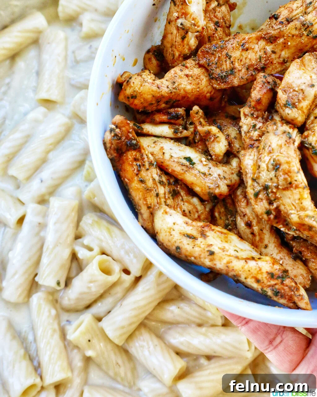 Garlic Parmesan Chicken Pasta
Scrumptious Garlic Parmesan Chicken Pasta 16 adding chicken to creamy garlic pasta sauce in a pan.