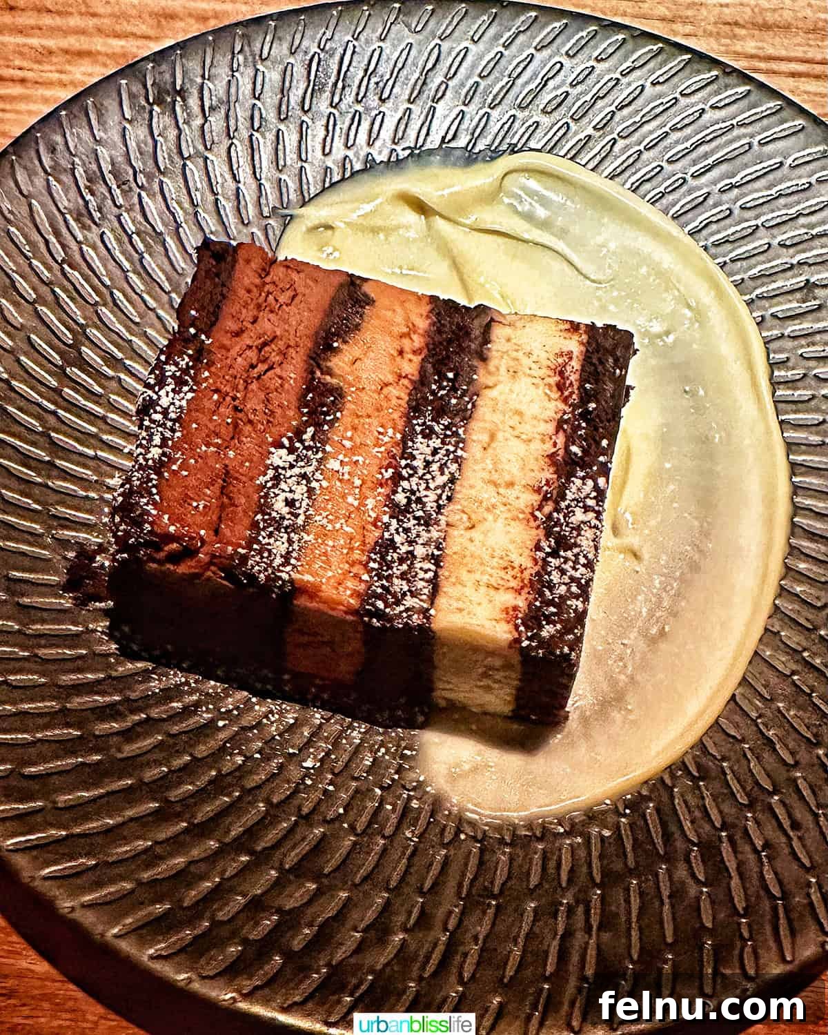 Hav and Mar Restaurant New York City 10 chocolate cake withwhite & dark chocolate ganache, caramel.